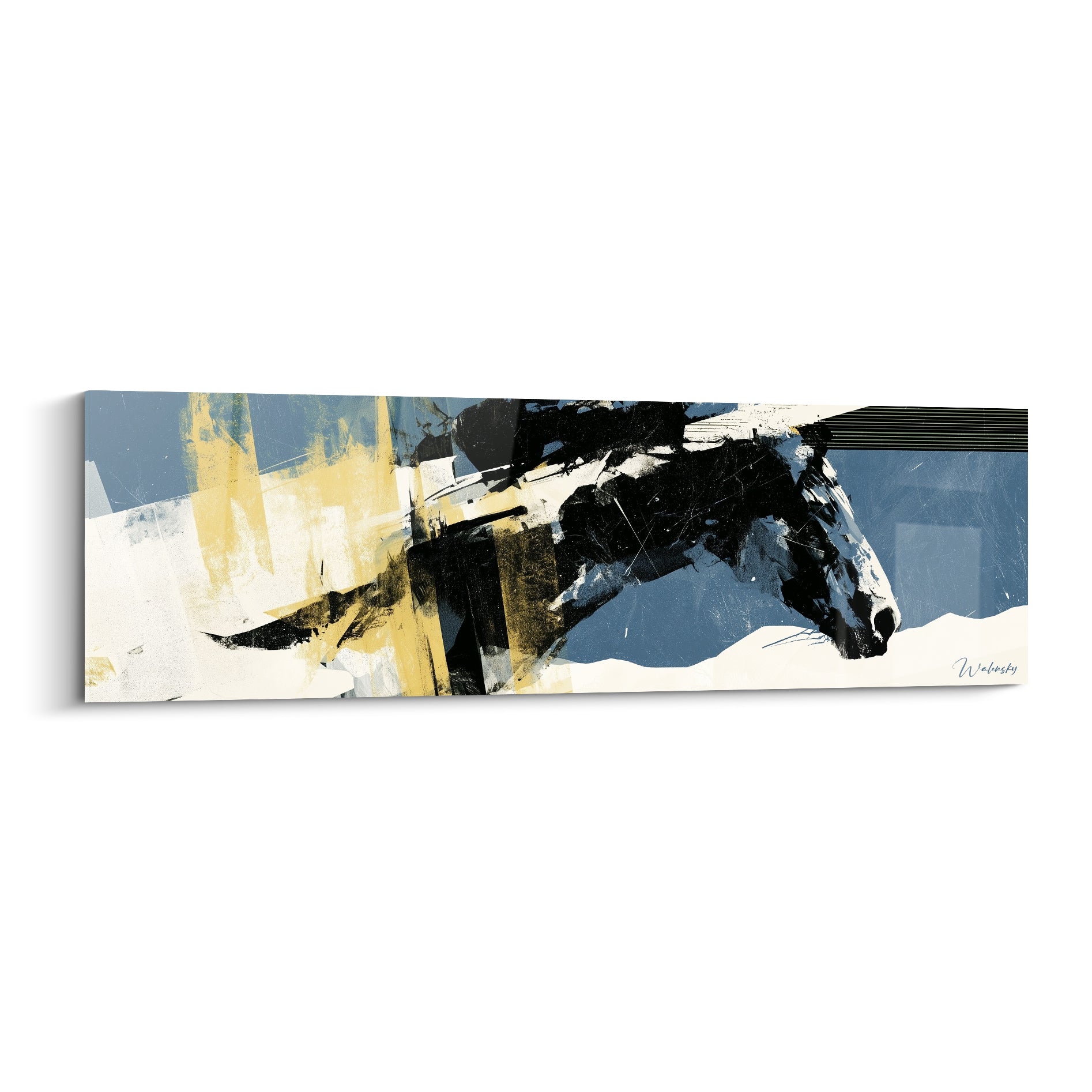 Cheval abstrait au profil noir et bleu marine, fragments ocre et blanc craquelé sur toile panoramique