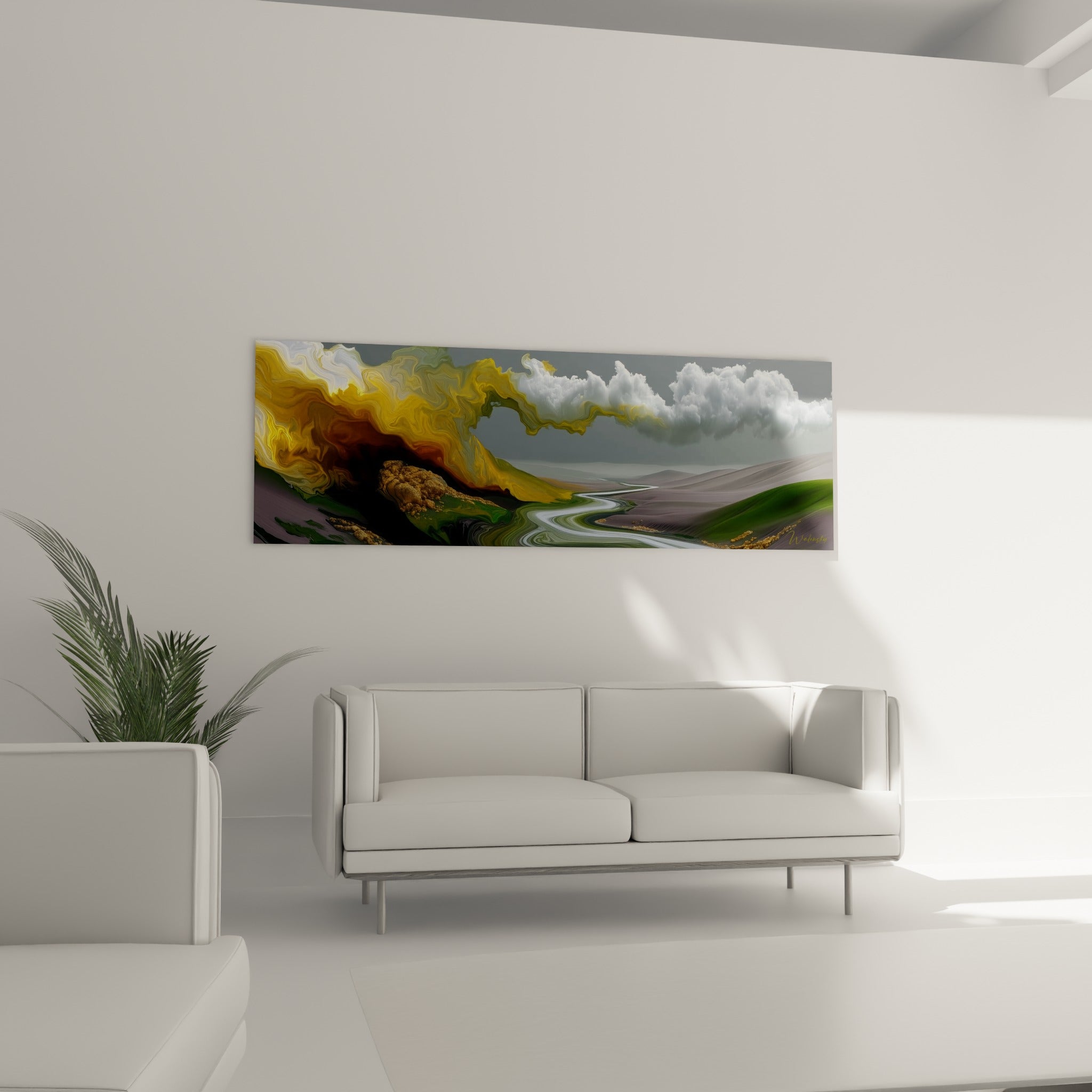 Nuages gris anthracite et lumière dorée dominent cette vallée, accrochée au-dessus d'un canapé dans un salon lumineux
