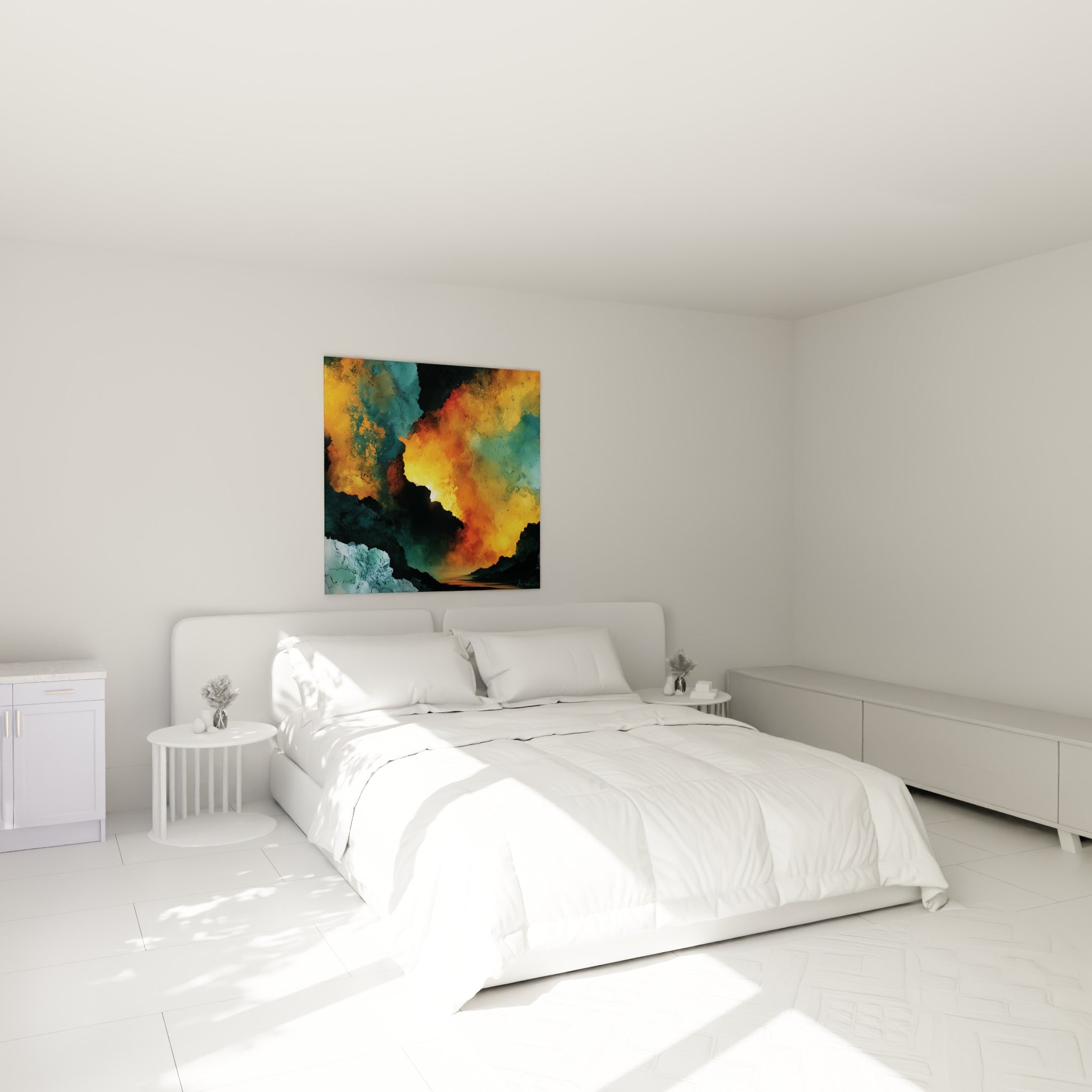 Embrasement orangé et bleu sarcelle sur roches anthracite au-dessus d'un lit dans une chambre claire