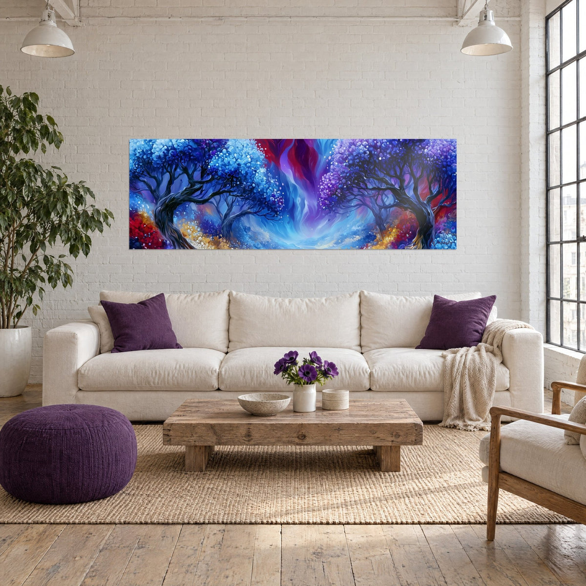Quadro di alberi fiabeschi con fogliame blu cobalto e viola, tronchi neri contorti e una radura luminosa, sopra un divano in un soggiorno luminoso