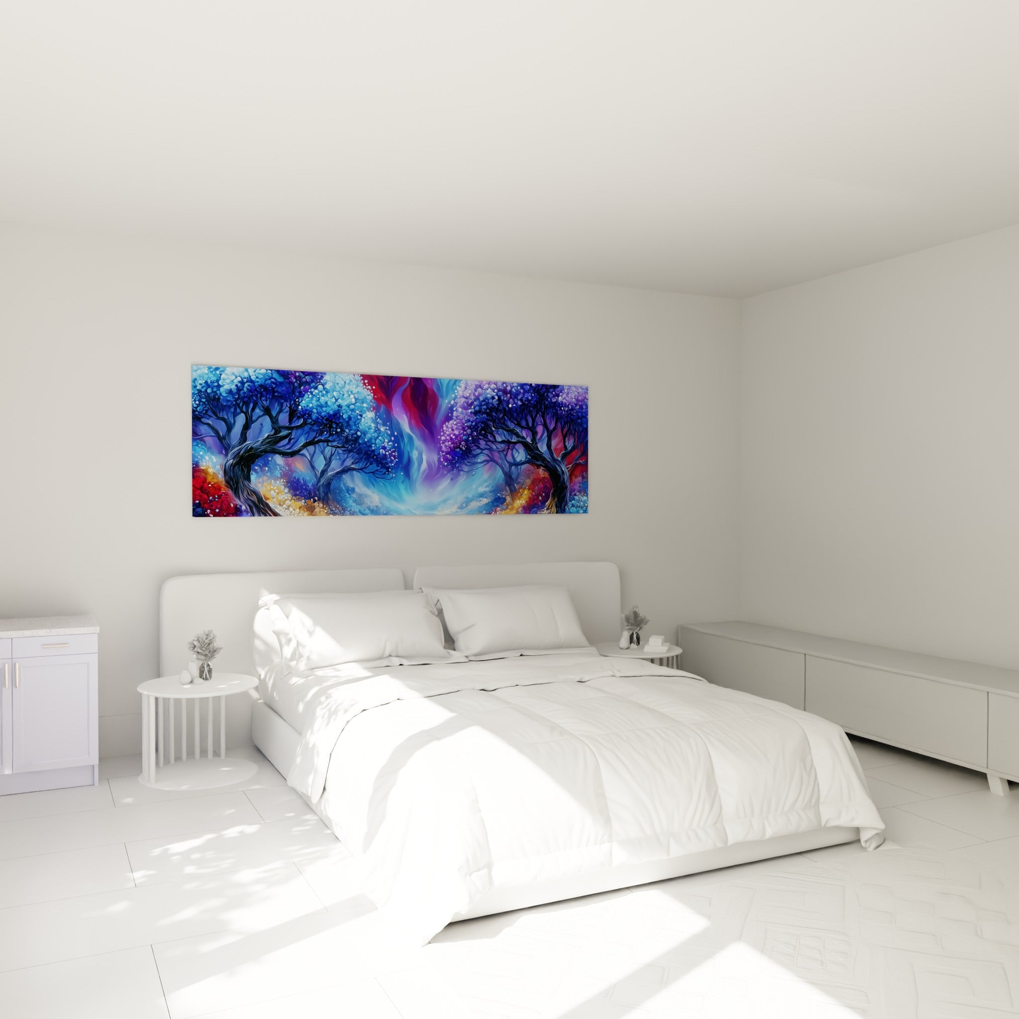 Arbres aux feuillages bleus et violets sur fond lumineux, accrochés au-dessus d'un lit dans une chambre claire
