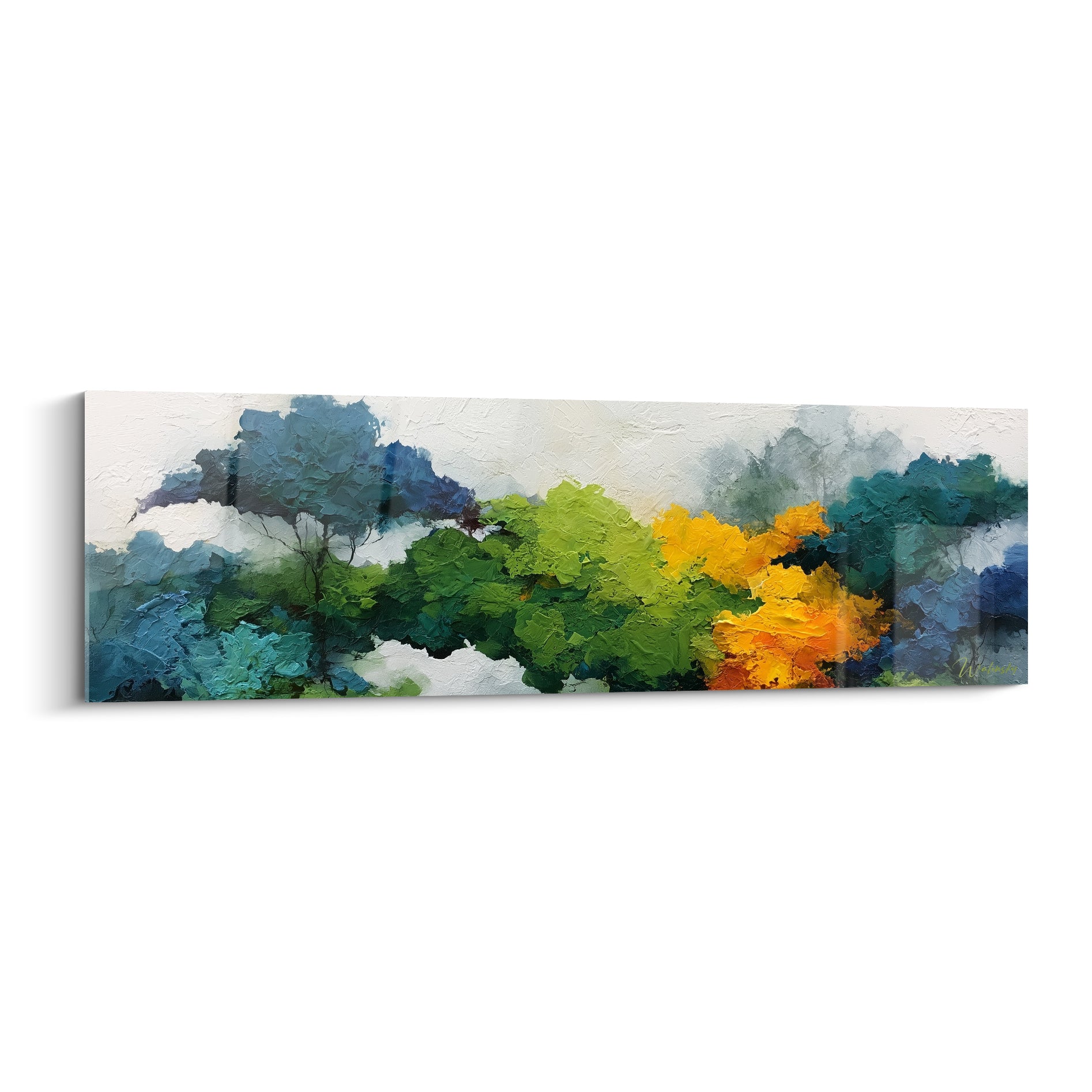 Frondaisons bleu marine et vert sauge percées d'une clairière orangée, texture épaisse à la spatule
