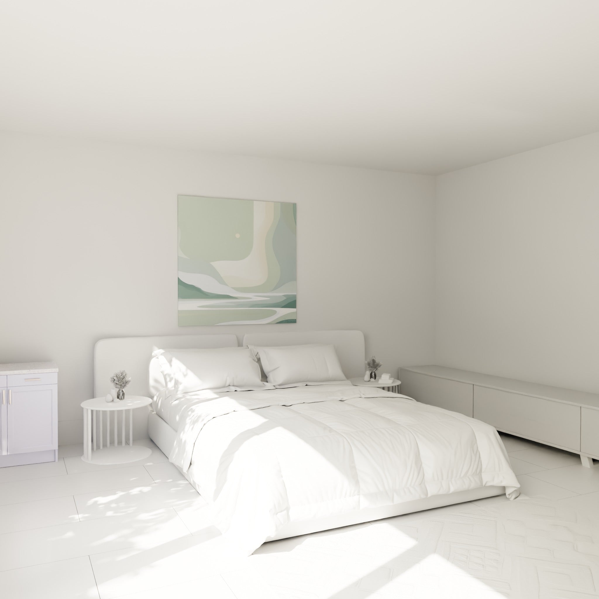Paysage abstrait vert sauge et bleu pastel avec rivière ondulante, au-dessus d'un lit dans une chambre claire