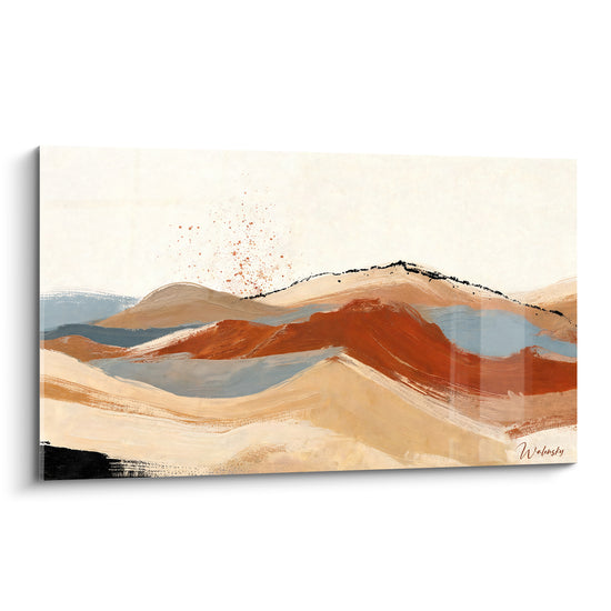 Tableau Collines terracotta et sable aux éclaboussures corail - Crête noire acérée - Edition Artistique Abstrait