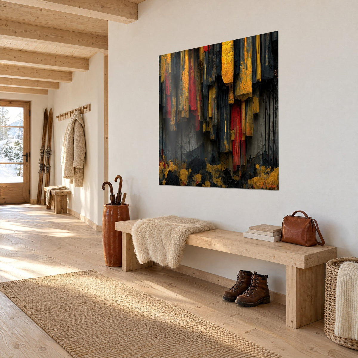 Tableau colonnes de bois calciné jaune d'or et noir charbon, taches carmin, vue de trois-quarts dans un couloir de chalet