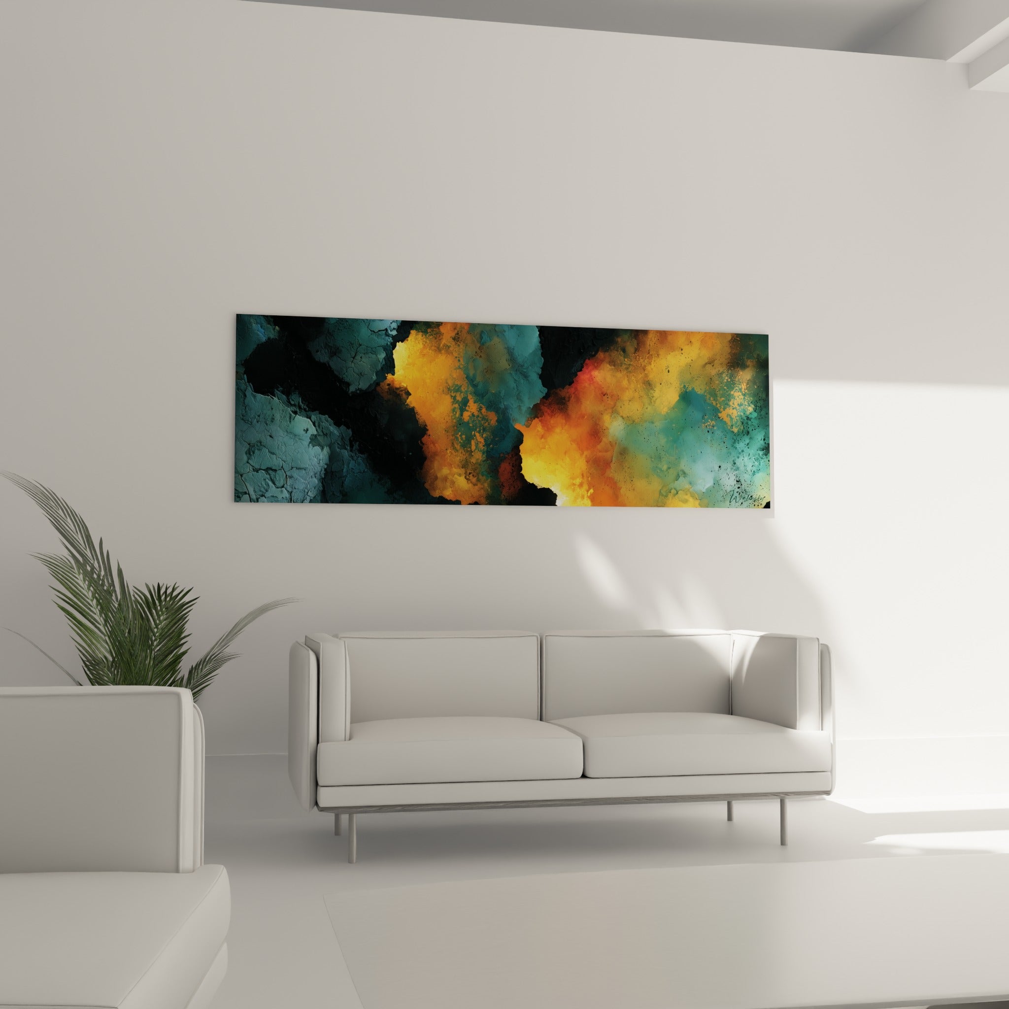 Contraste orangé et bleu pétrole de ce tableau abstrait au-dessus d'un canapé dans un salon lumineux
