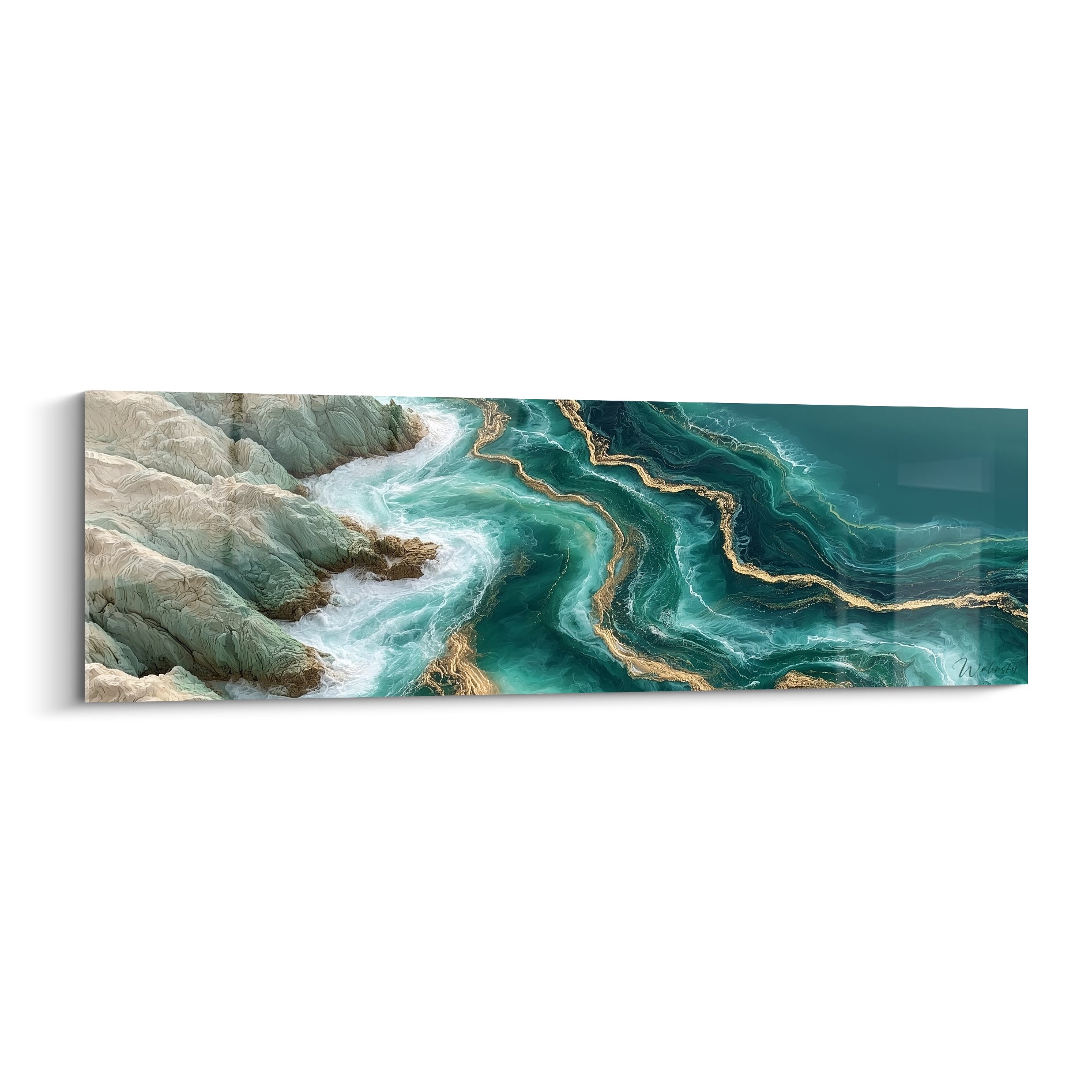 Côte rocheuse turquoise et dorée vue du ciel, vagues blanches contre falaise beige texturée