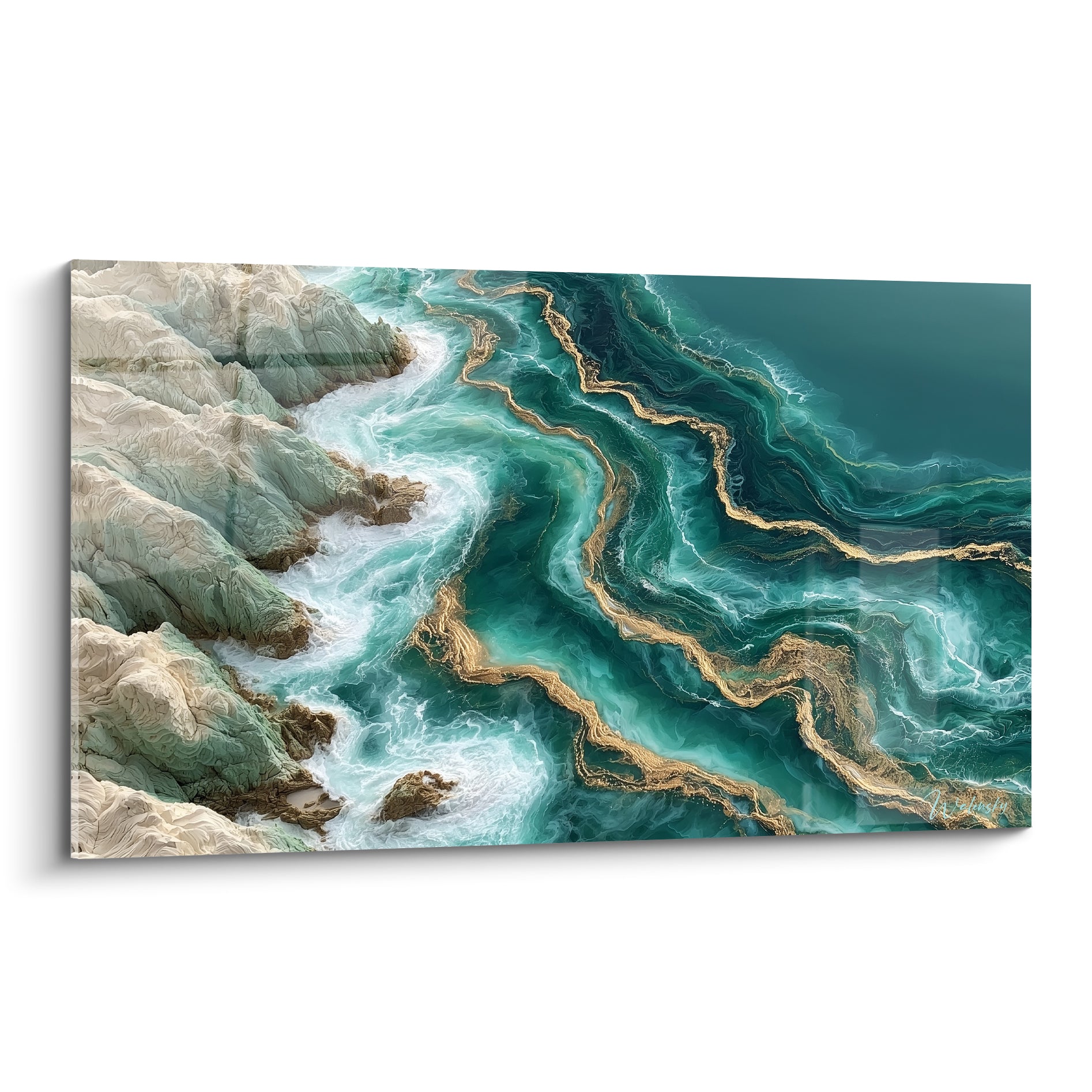Falaises crème et vagues turquoise veinées d'or composent ce tableau abstrait marin vu du ciel