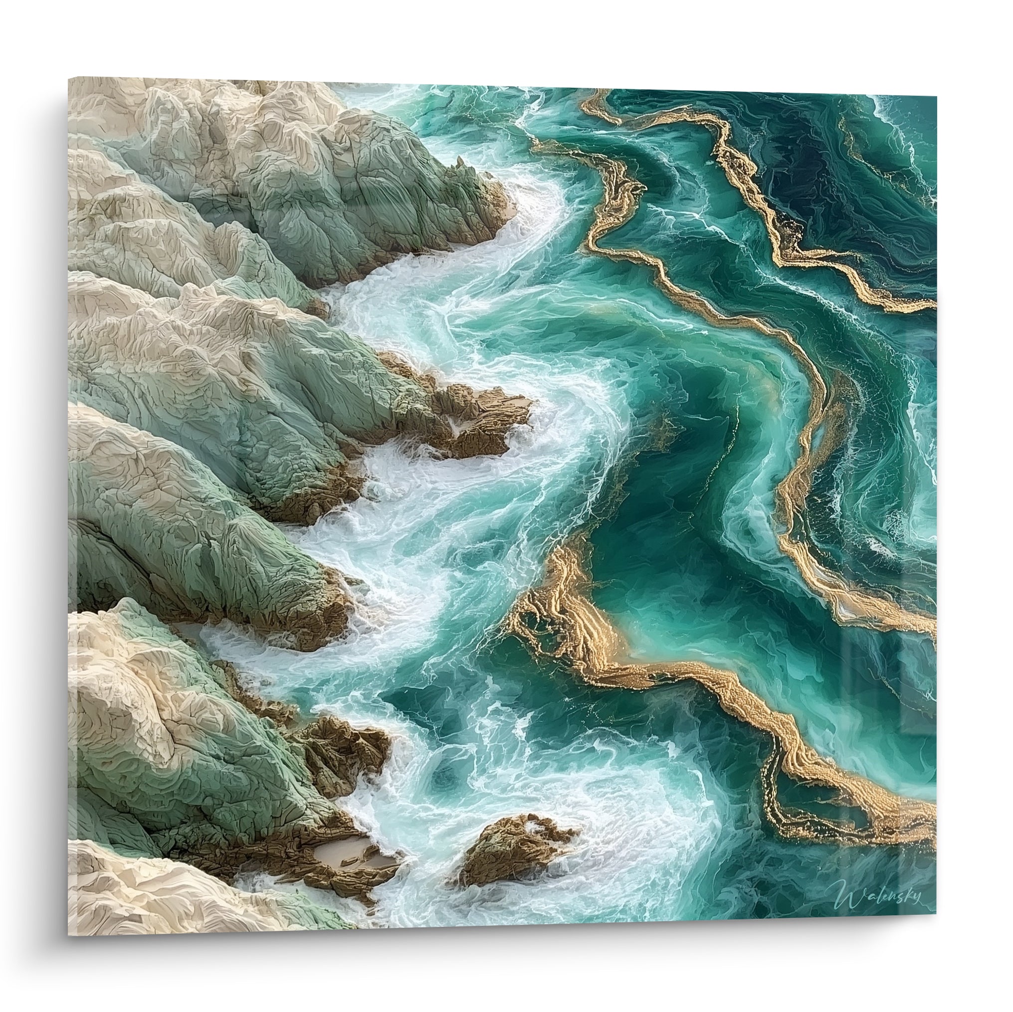 Vue aérienne d'une côte rocheuse turquoise et dorée, rochers beiges et écume blanche