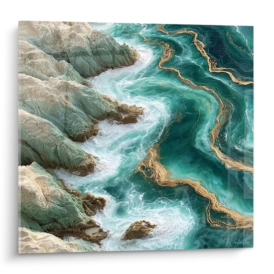 Vue aérienne d'une côte rocheuse turquoise et dorée, rochers beiges et écume blanche