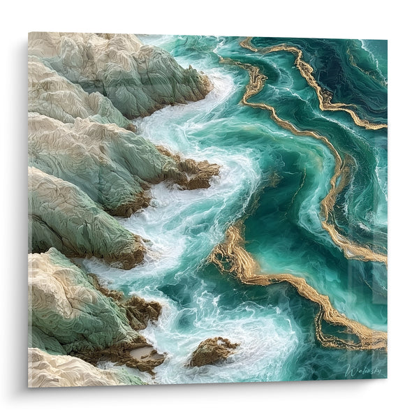 Cuadro de acantilado turquesa y dorado abstracto - Vertigo marino - Edición artística abstracta
