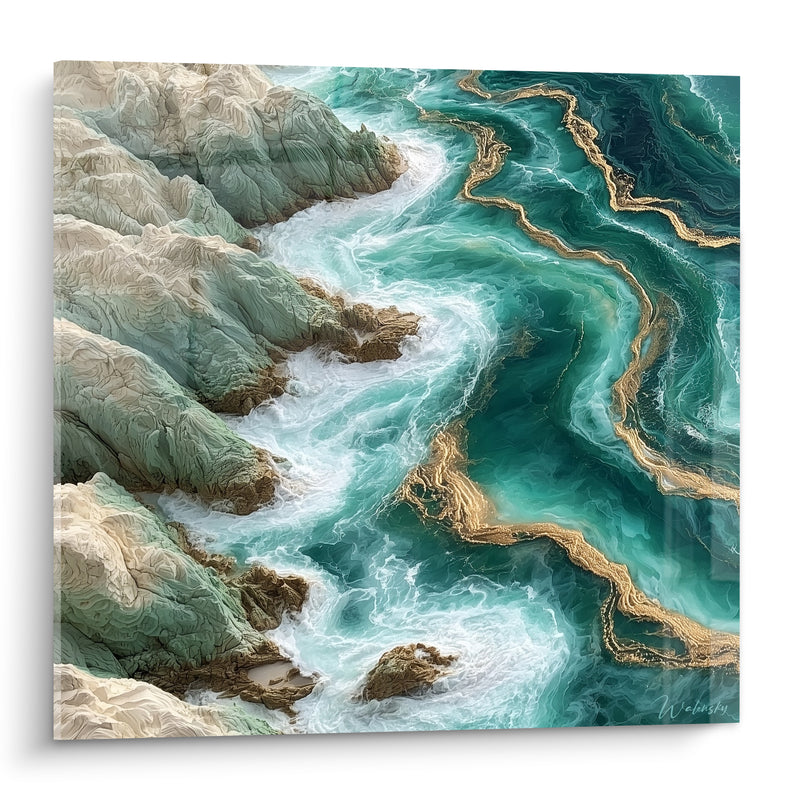 Tableau Côte rocheuse turquoise et dorée abstraite - Vertige marin - Edition Artistique abstrait