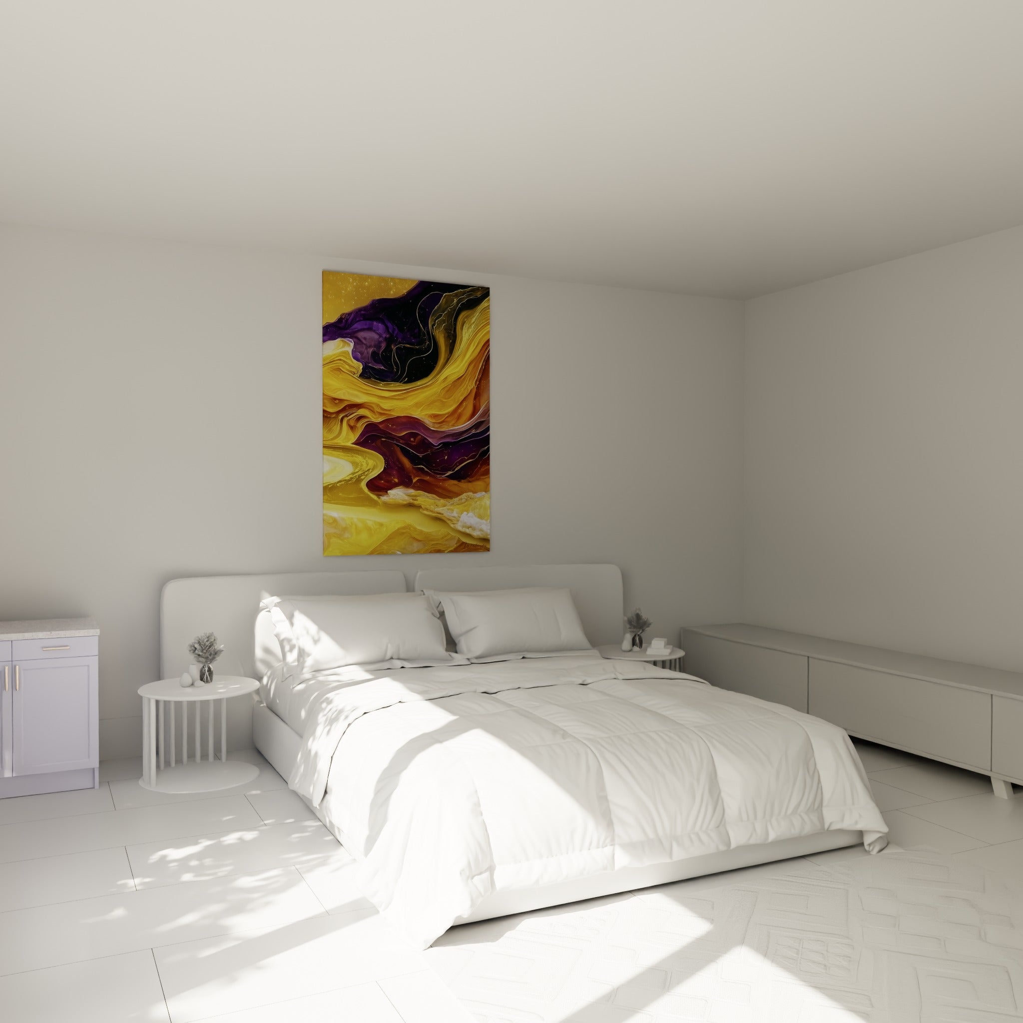 Vagues dorées et pourpres fusionnées, tableau artistique abstrait accroché au-dessus d'un lit dans une chambre claire