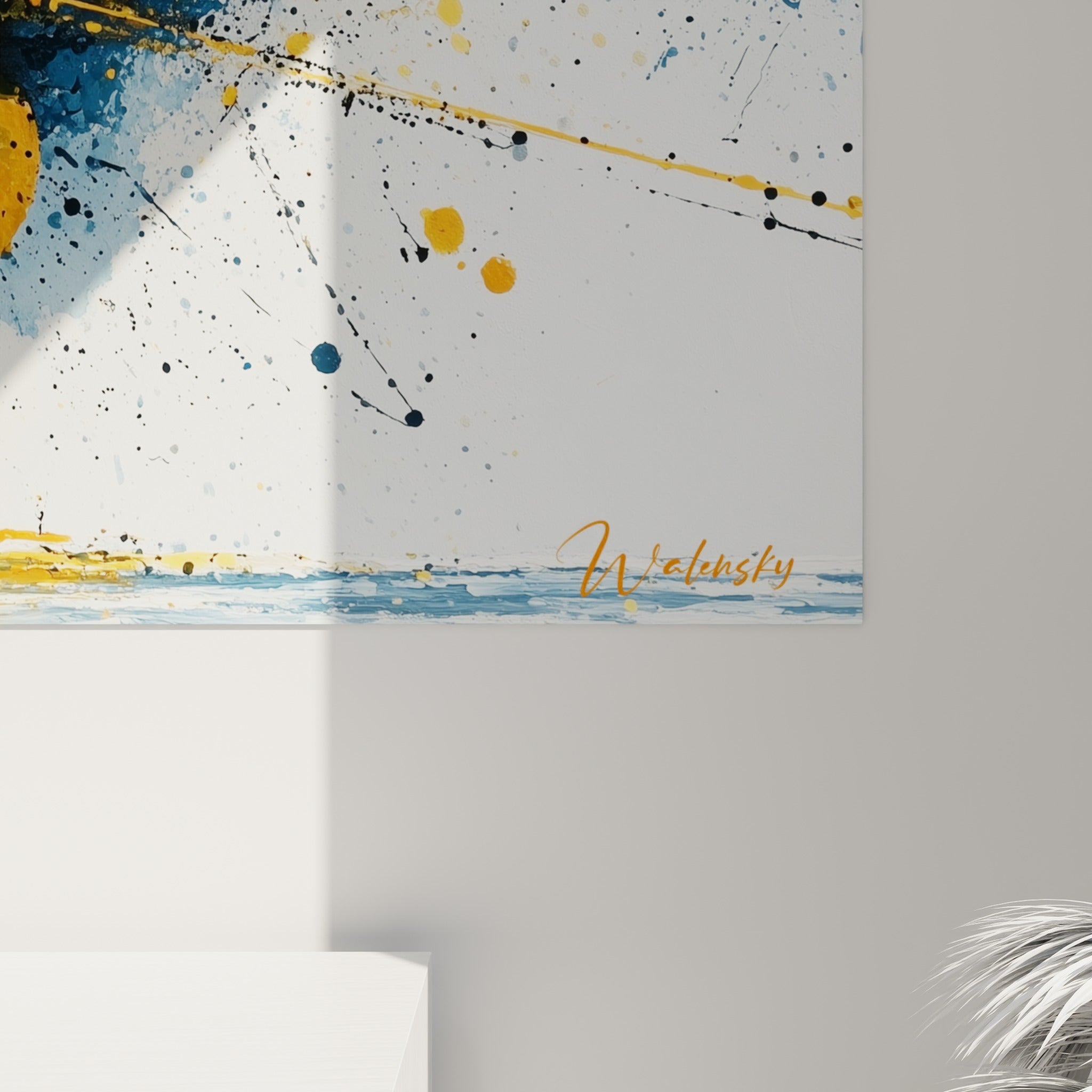 Empâtements de peinture bleu marine et coulures orangées se mêlant en gros grain, matière brillante et reliefs texturés visibles