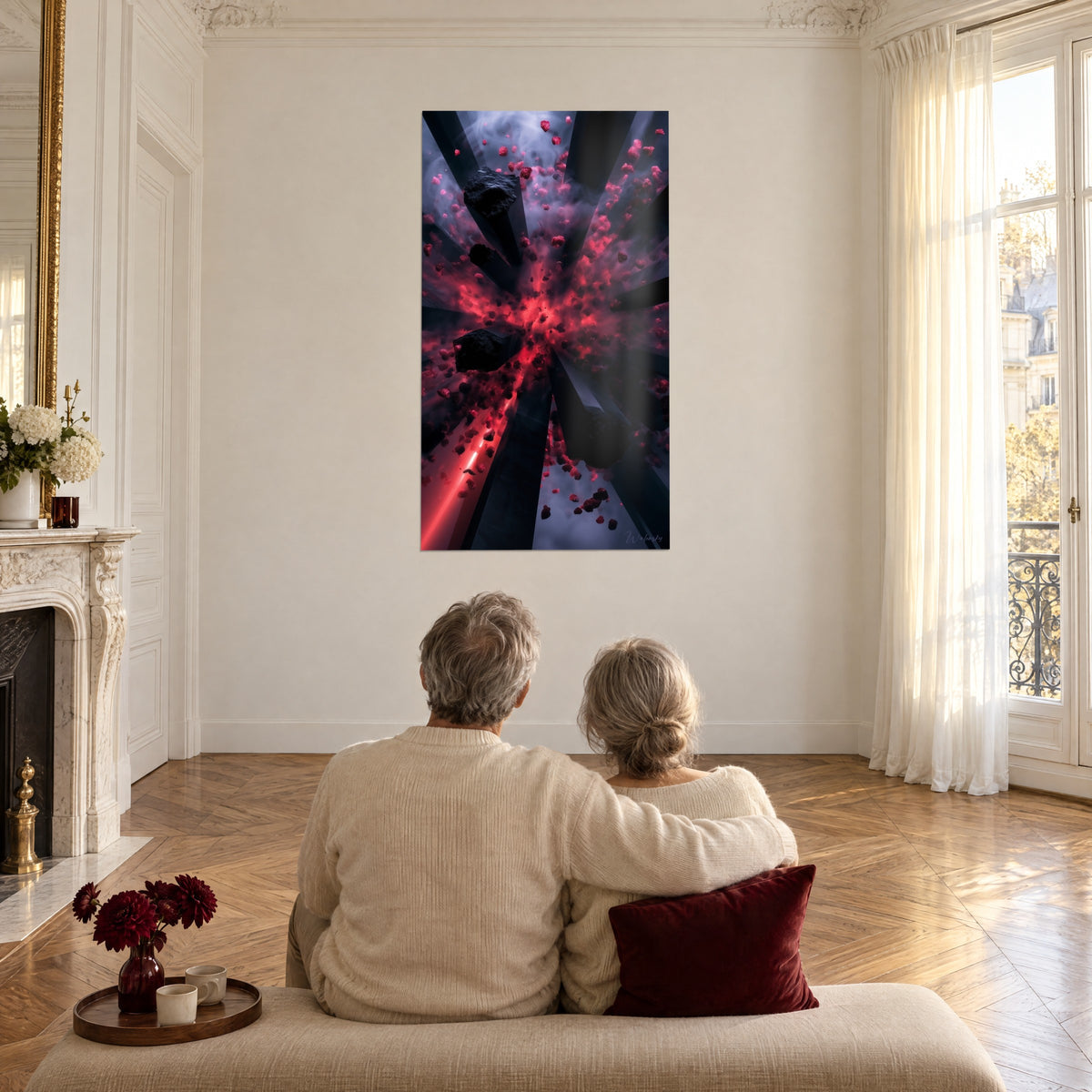 Quadro frammenti di asteroidi d'ebano proiettati in un bagliore scarlatto, salotto bianco in stile haussmanniano, coppia di spalle su un divano