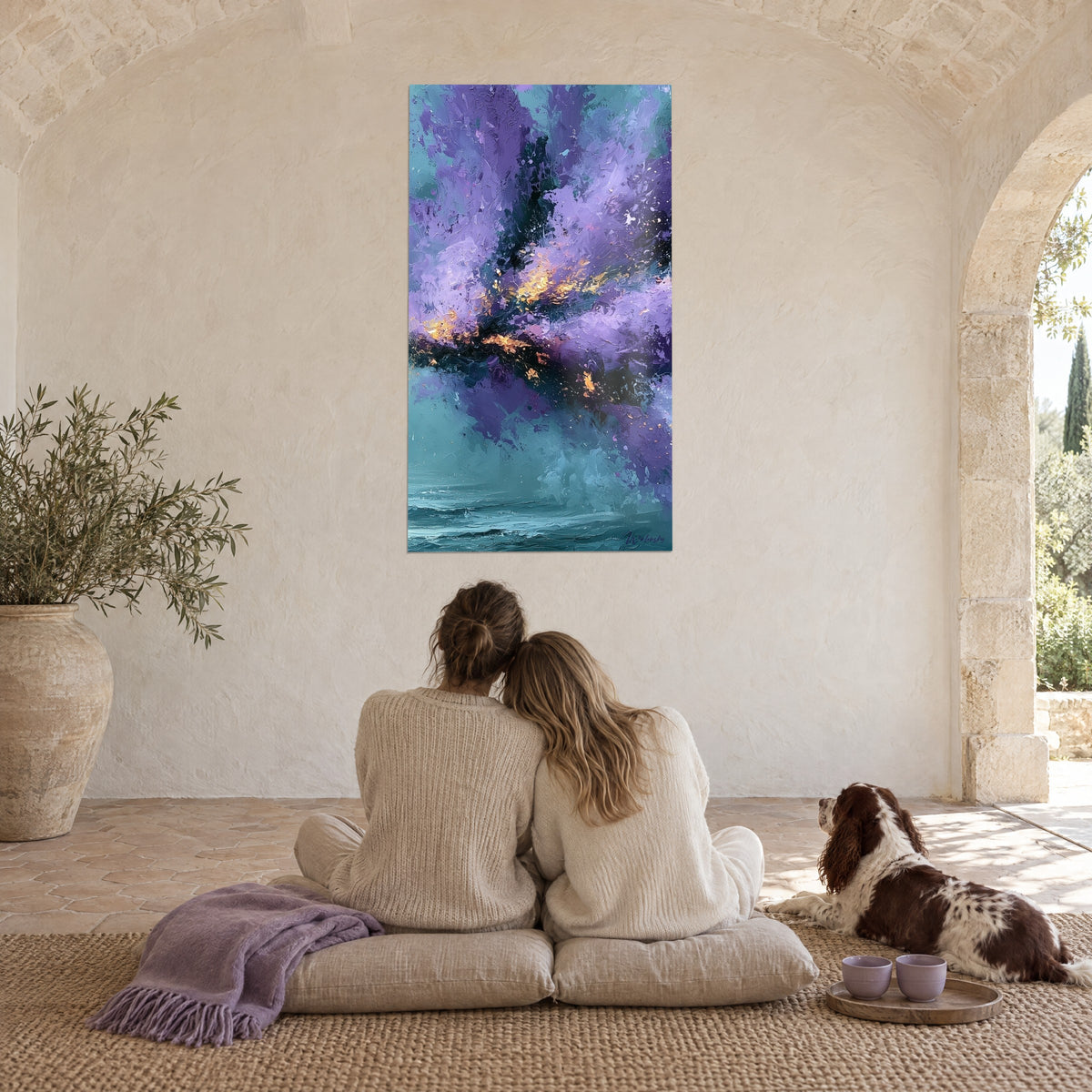 Wall art Mauve, black and gold eruption over a turquoise sea, couple seen from behind on cushions, brown and white spaniel, stone vault