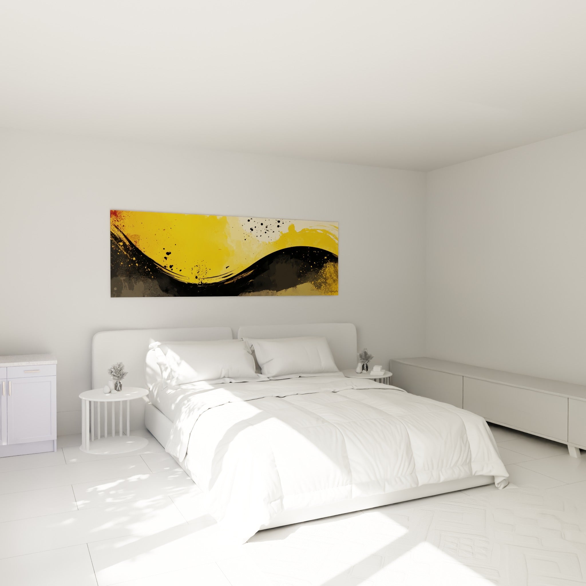 Courbe noire et jaune moutarde traversant la toile, accrochée au-dessus d'un lit dans une chambre claire