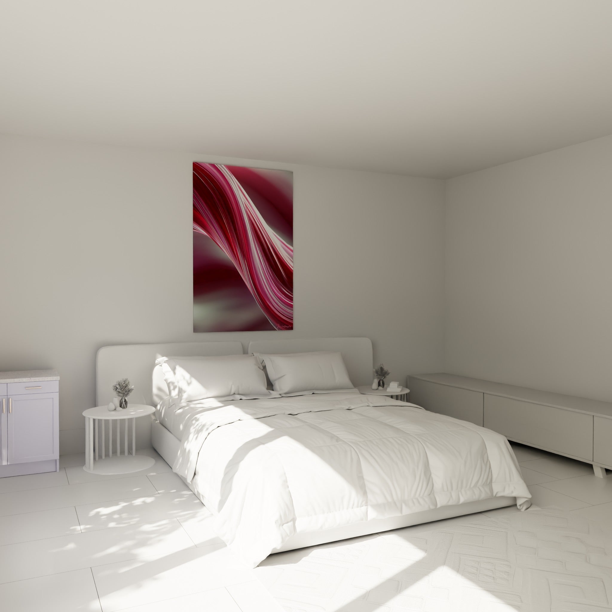 Courbes Artistique abstrait rose et bordeaux accrochées au-dessus d'un lit dans une chambre claire