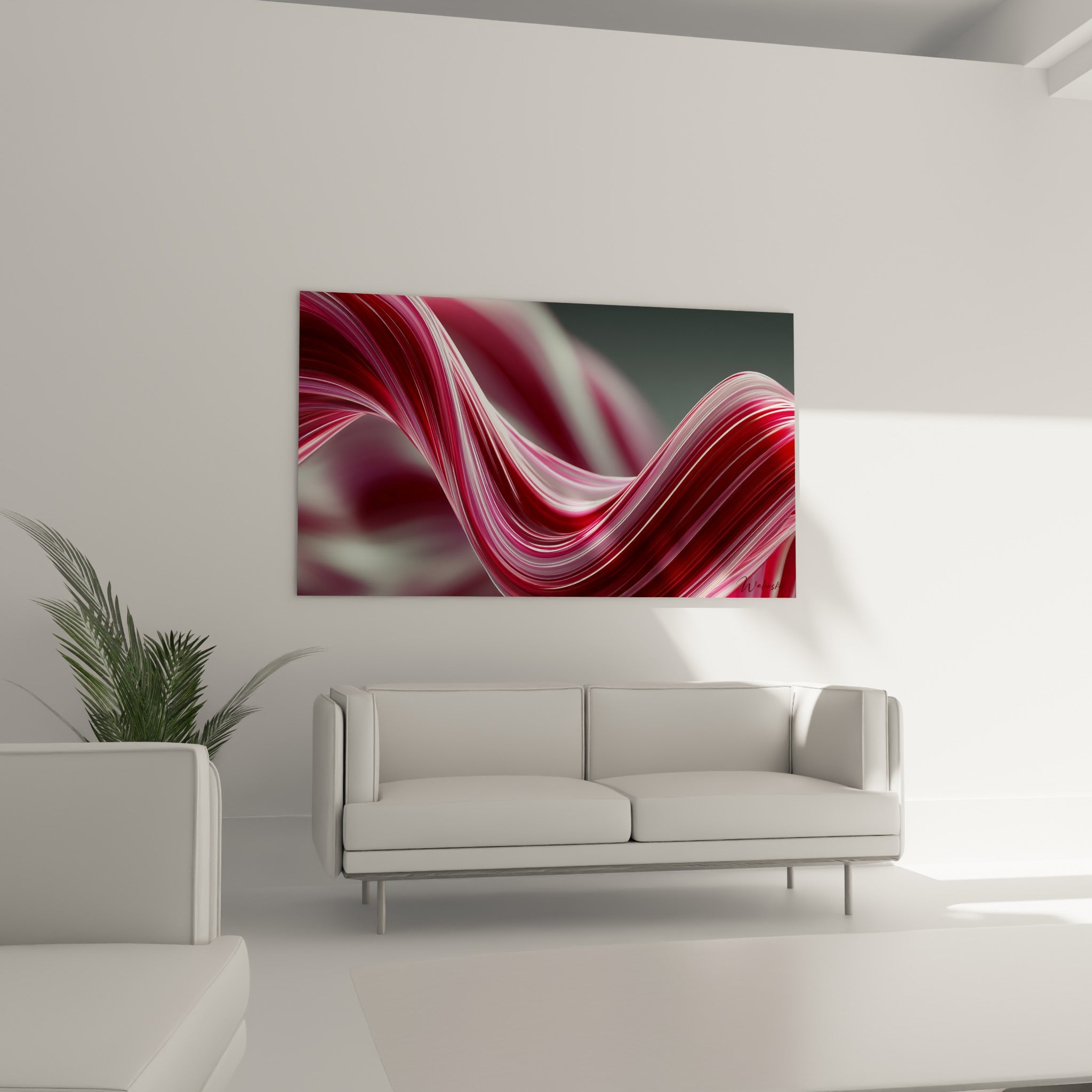 Courbes bordeaux entrelacées de filaments blancs, disposées au-dessus d'un canapé dans un salon lumineux