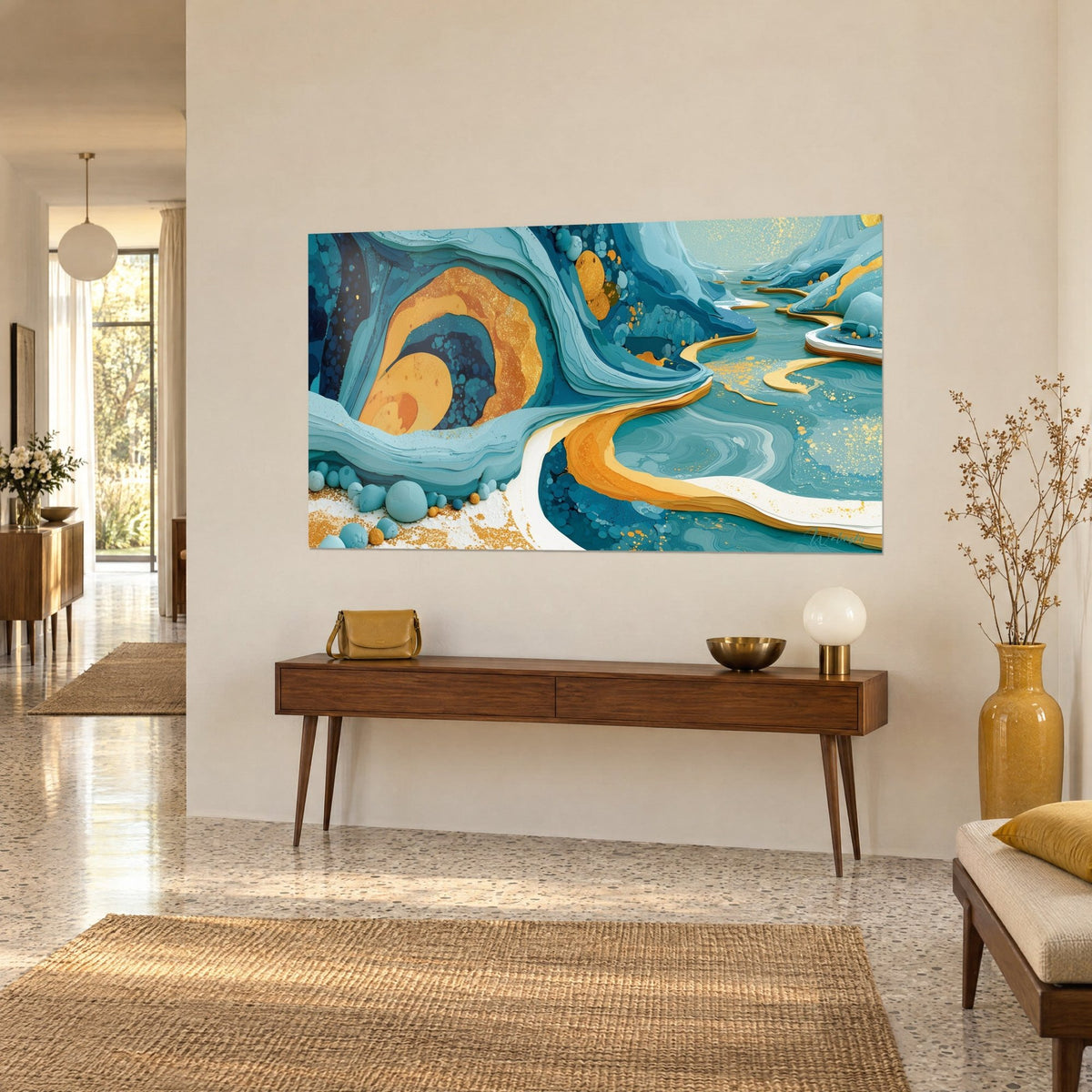 Tableau canyon marin aux rubans ocre et ivoire serpentant sur une eau sarcelle, vu de trois-quarts sur un buffet en bois, maison années 50