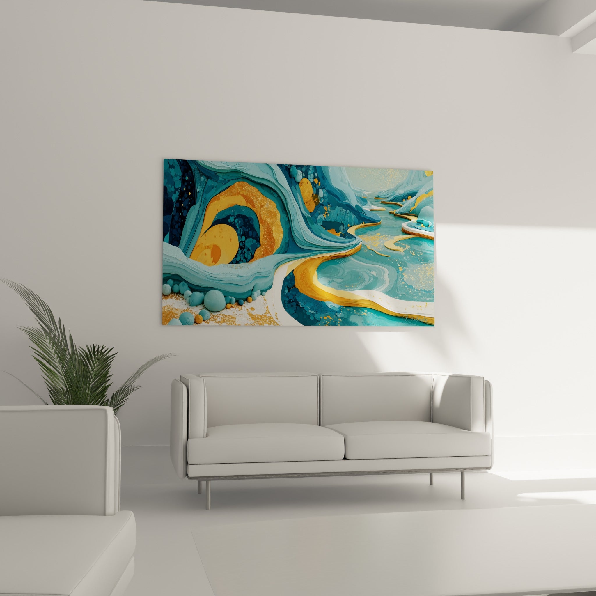 Marbrures bleu marine et ambrées d'une œuvre abstraite fluide, au-dessus d'un canapé dans un salon lumineux