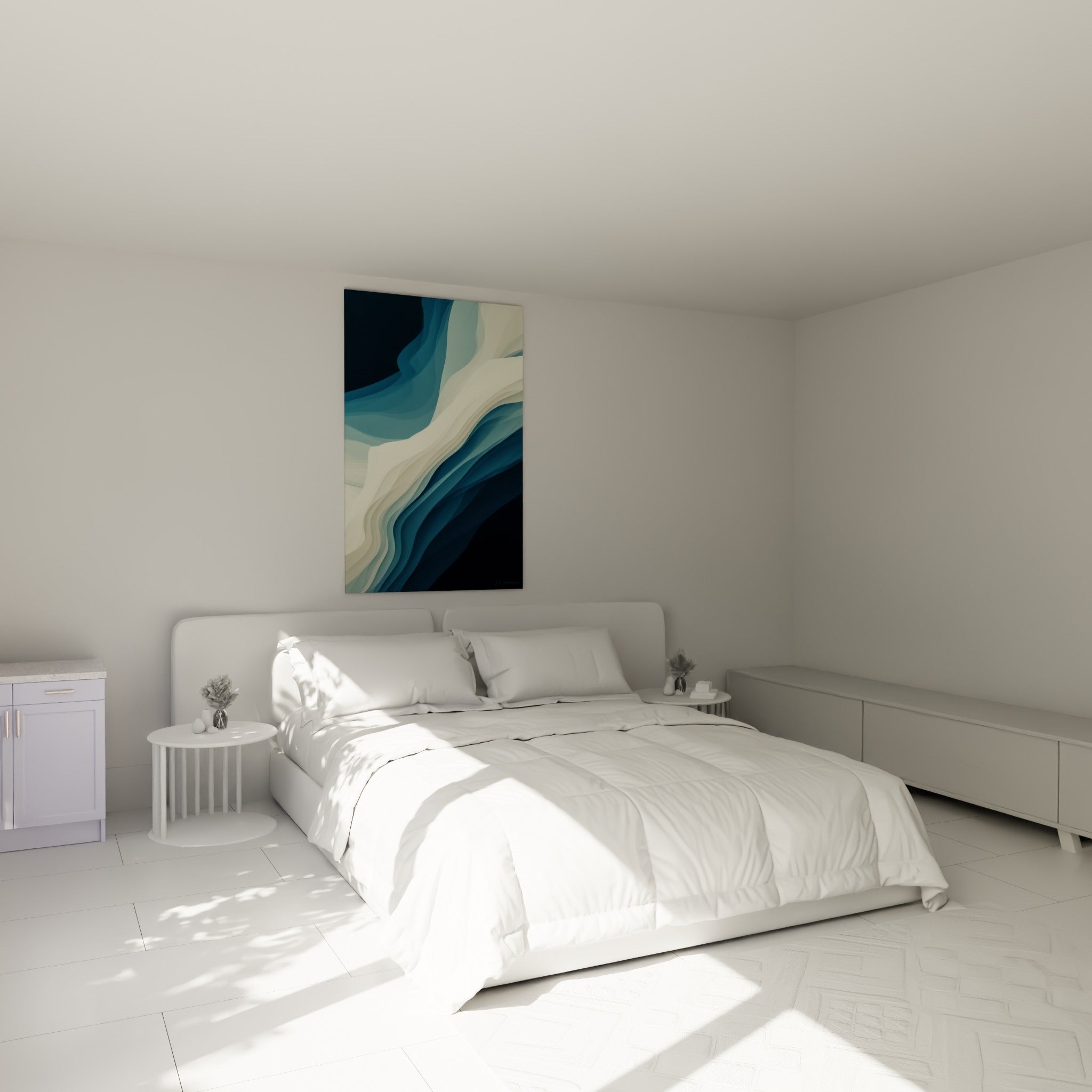 Courbes ondulantes bleu marine et crème accrochées au-dessus d'un lit dans une chambre claire