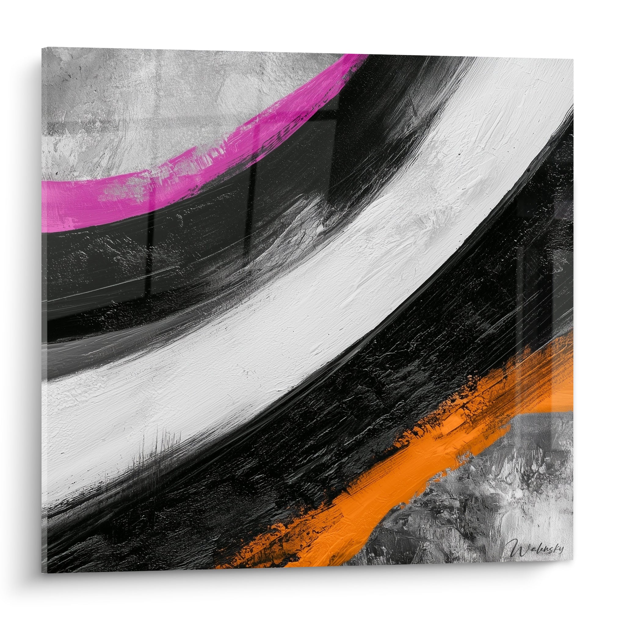 Courbes noires et blanches d'un tableau artistique abstrait, traversées d'un trait magenta et orange vif