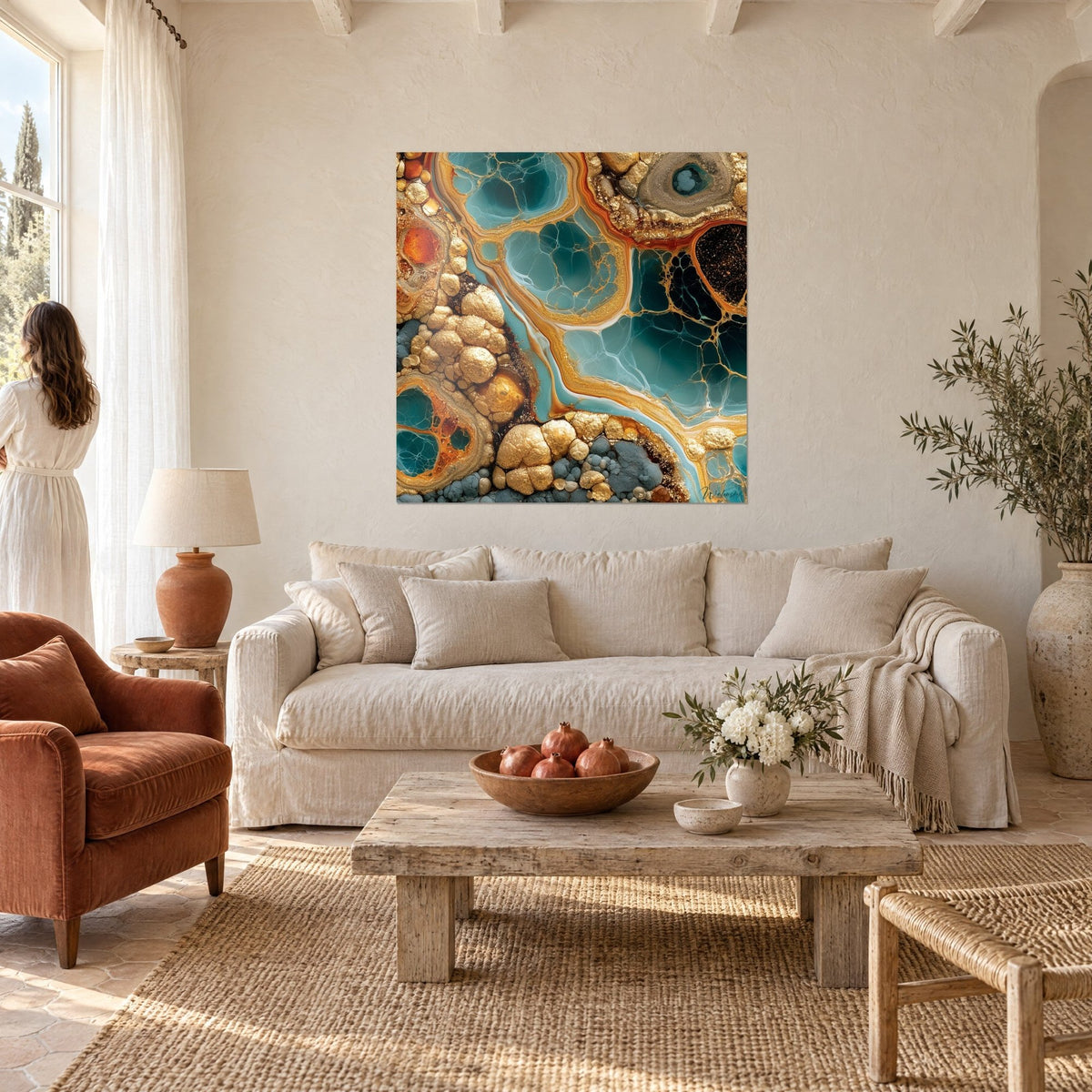 Tableau géode turquoise aux veines dorées et nodules d'or, une femme en robe blanche de dos, au-dessus d'un canapé dans un salon lumineux