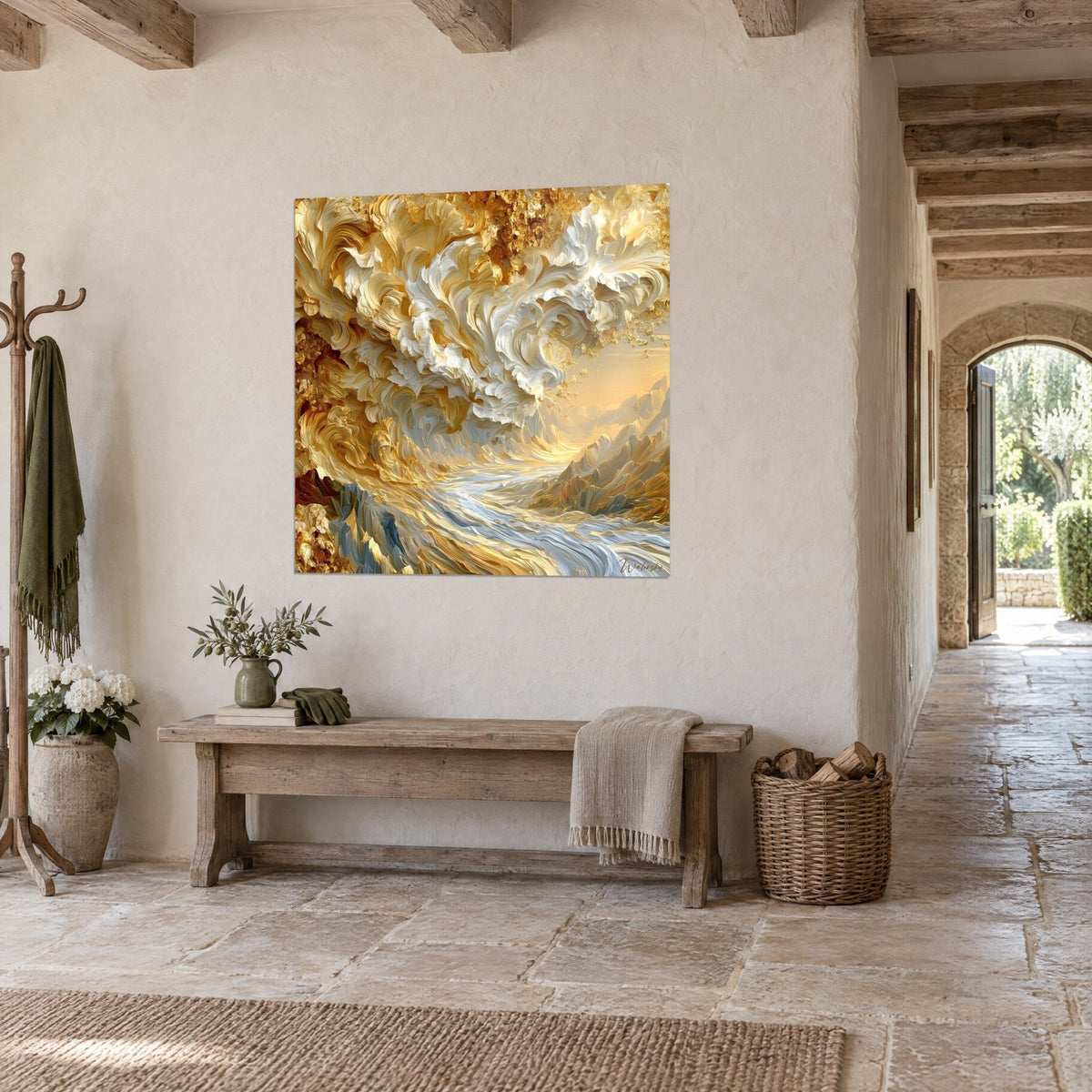 Tableau houle de peinture épaisse ivoire et ocre doré, sillon bleu argenté, dans un couloir de pierre aux dalles claires