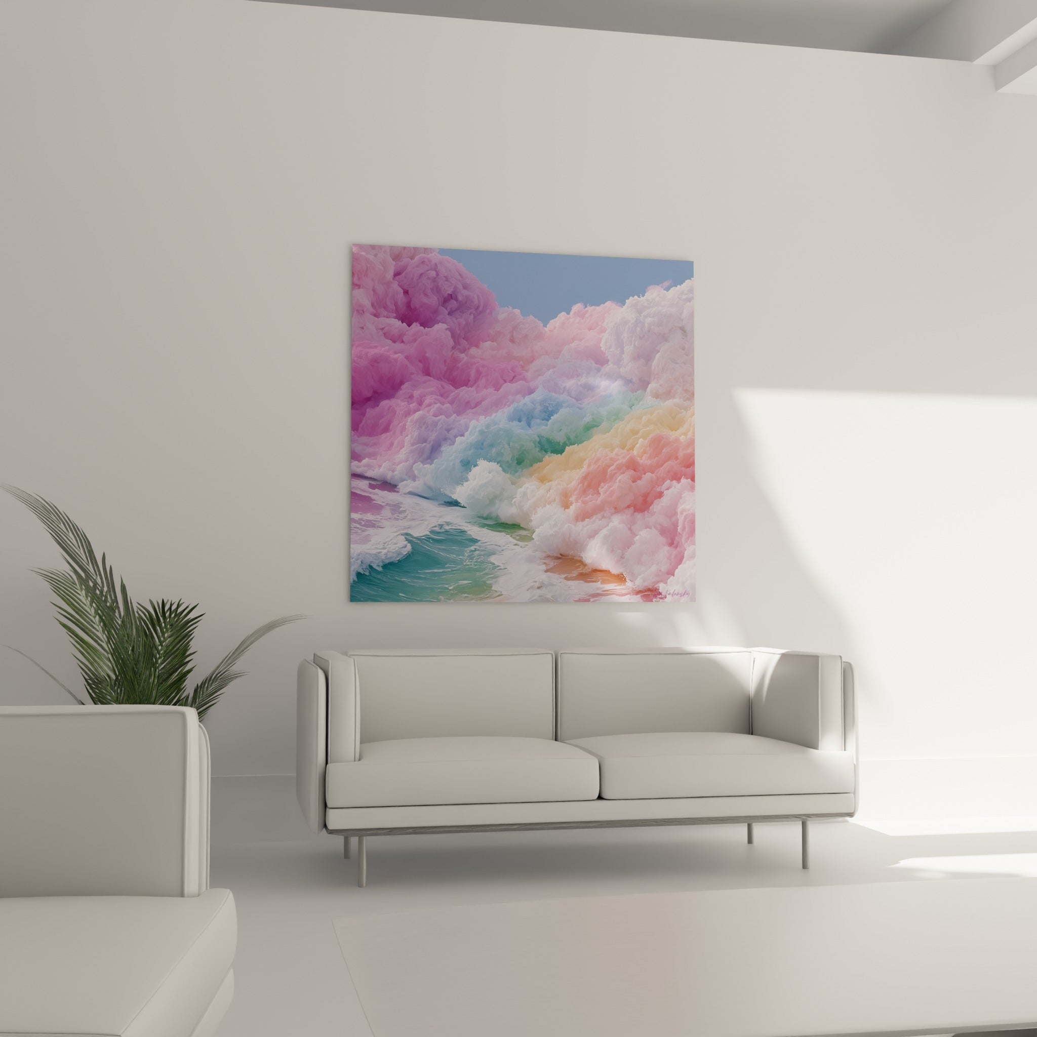 Déferlante multicolore aux tons pêche et lavande, suspendue au-dessus d'un canapé dans un salon lumineux