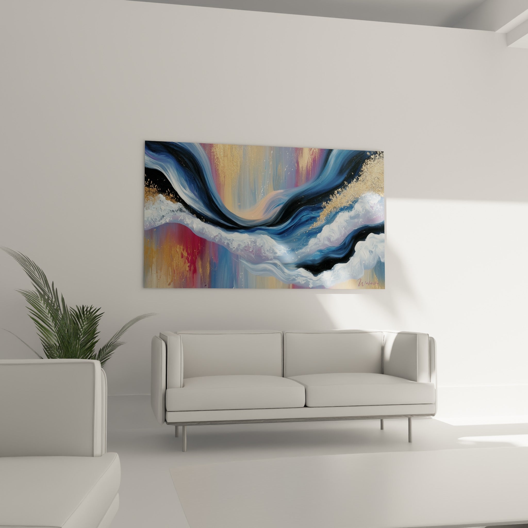 Tourbillon d'eau noir et bleu marine, écume blanche épaisse, au-dessus d'un canapé dans un salon lumineux