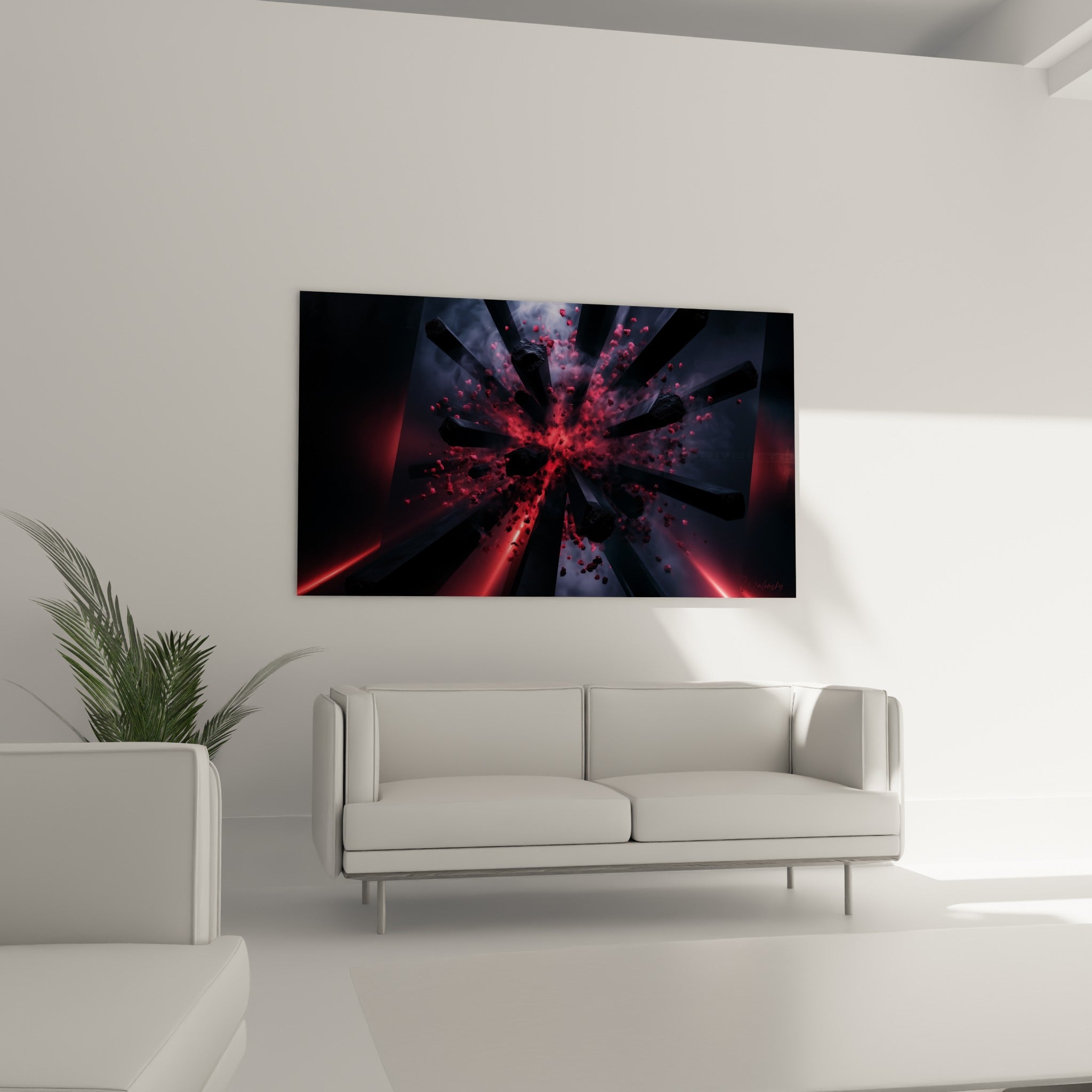 Déflagration noire aux éclats rouge vif d'une œuvre artistique abstraite au-dessus d'un canapé dans un salon lumineux