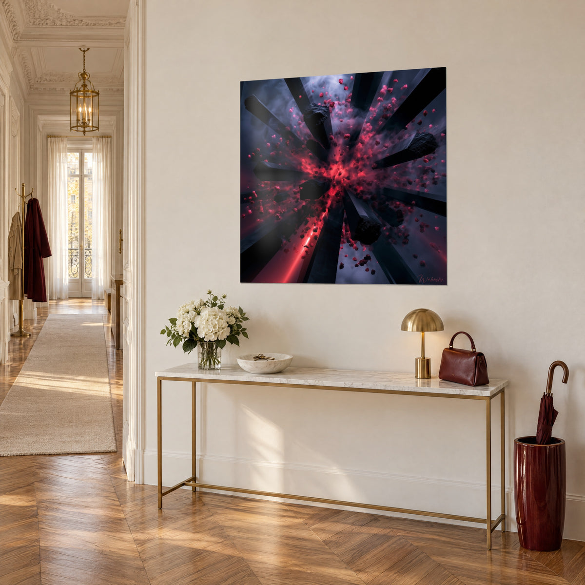Wall art blast of black beams and violet smoke streaked with bright red, three-quarter view on a gilded console