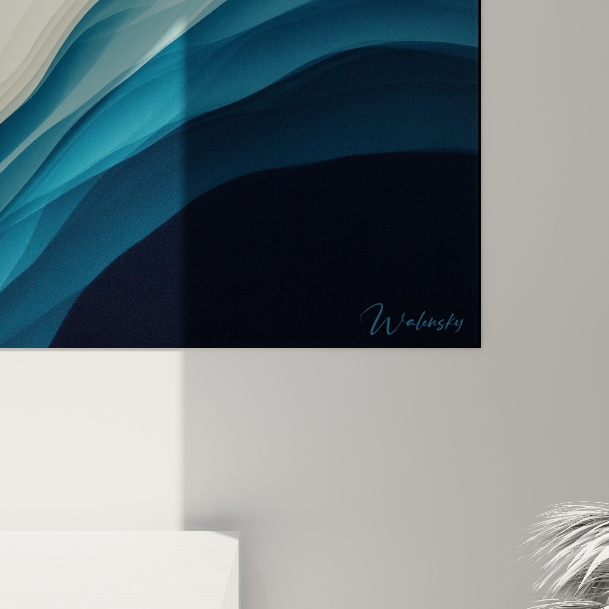 Détail des dégradés bleu marine et ivoire révélant la finesse des transitions chromatiques du tableau