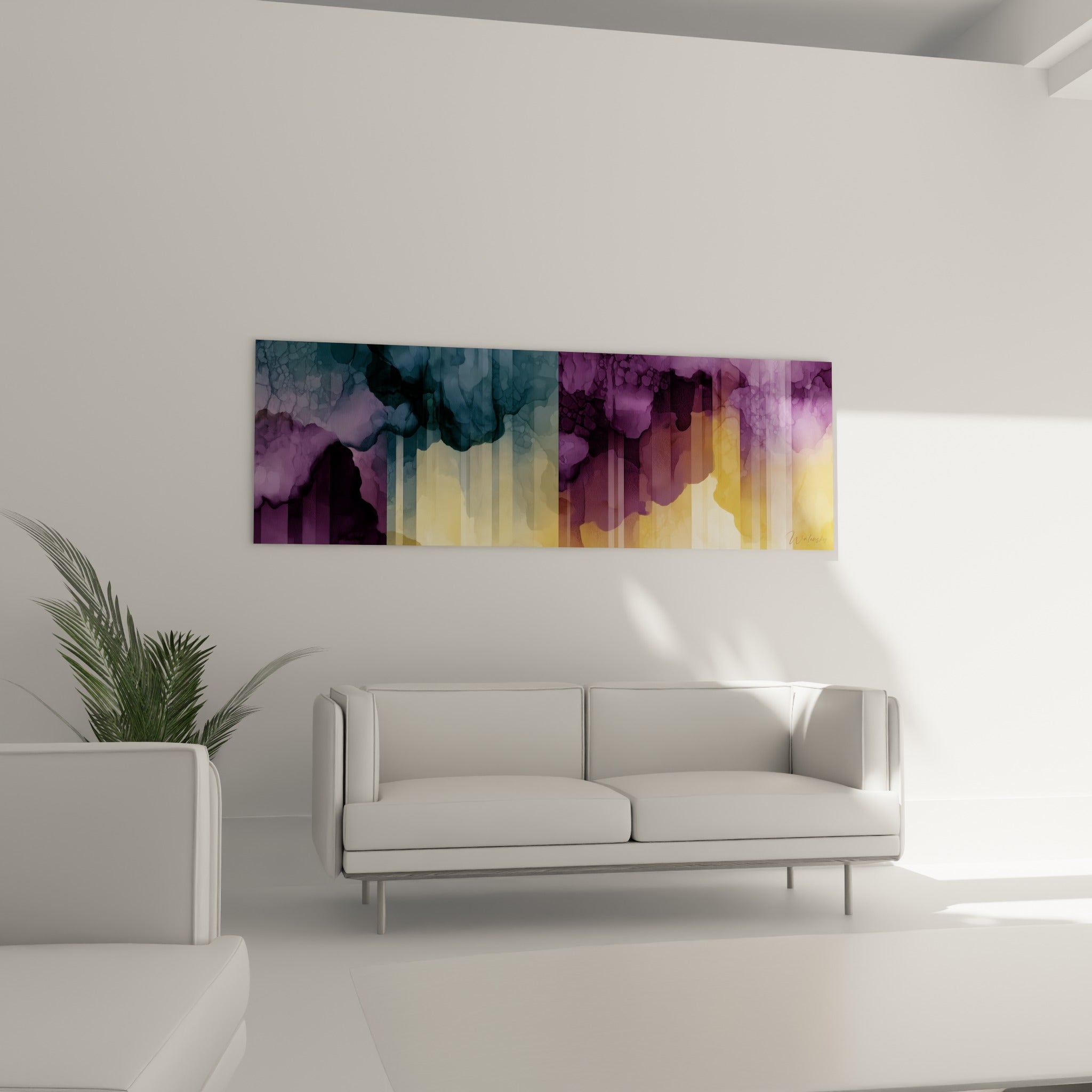 Dégradé anthracite et doré aux formes vaporeuses au-dessus d'un canapé dans un salon lumineux
