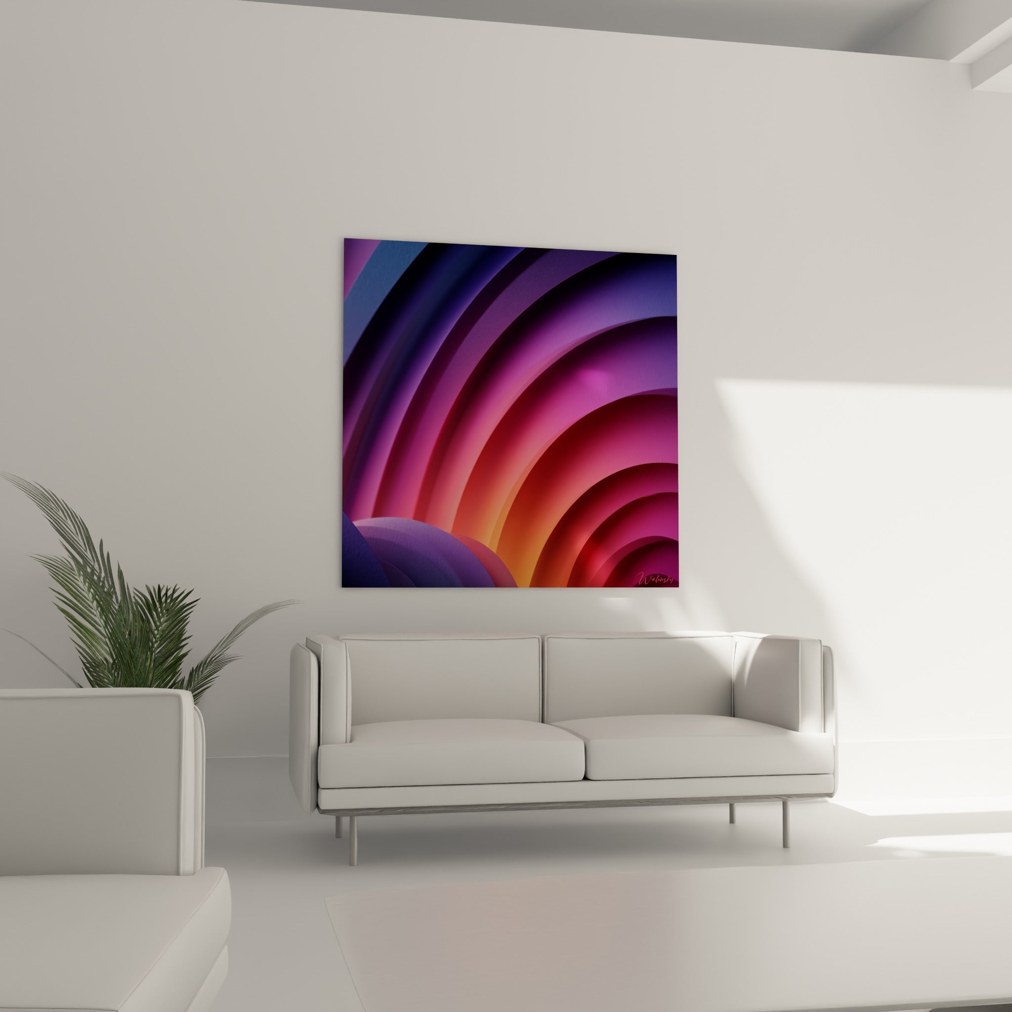 Dégradé bleu marine vers orange d'un tableau artistique abstrait accroché au-dessus d'un canapé dans un salon lumineux