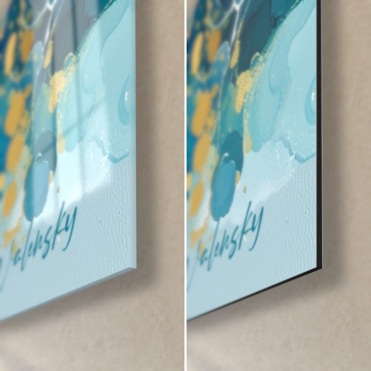 Tableau océan abstrait turquoise, signature Walensky et éclaboussures dorées, verre acrylique brillant face à l'alu Dibond mat noir