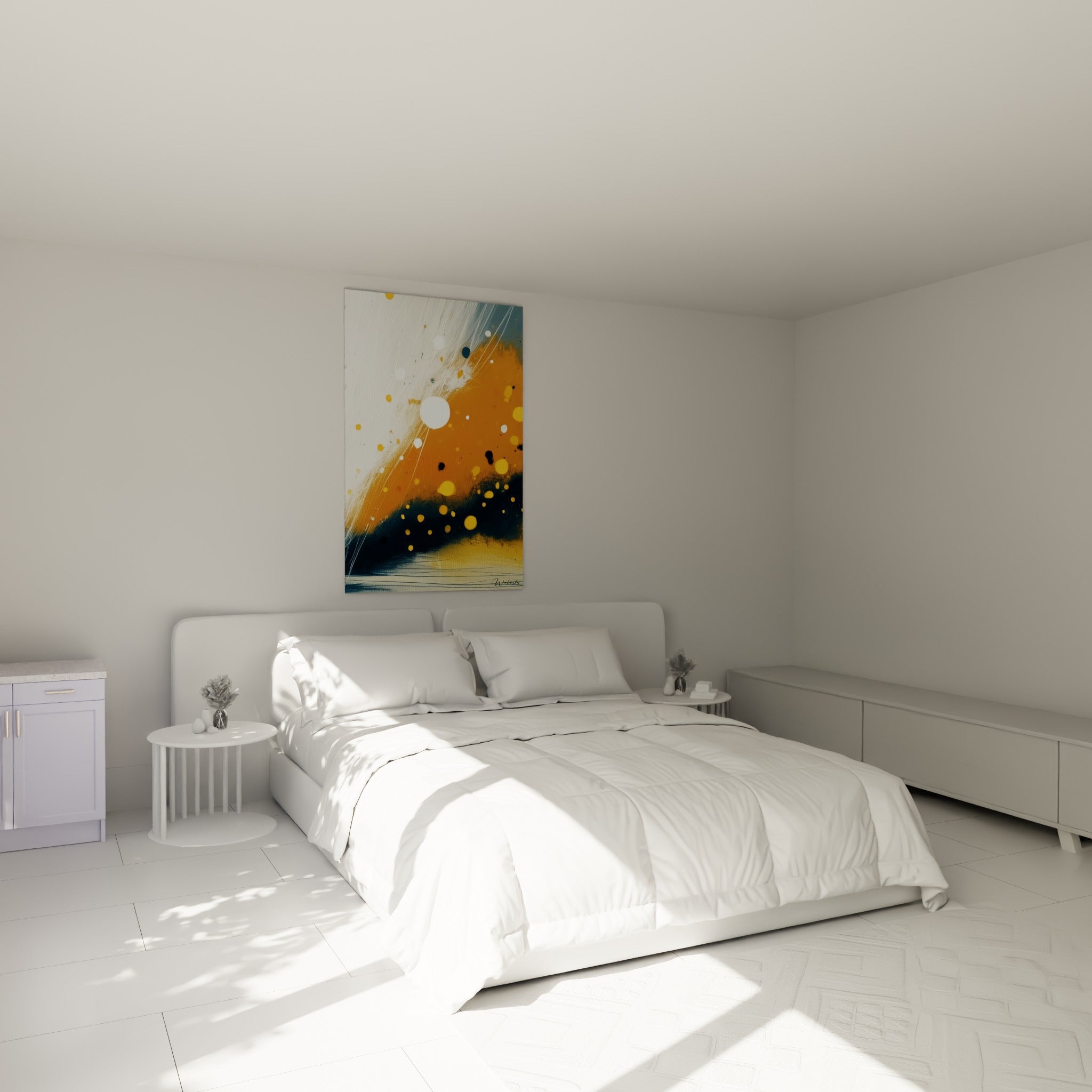 Composition orange et anthracite mouchetée de blanc accrochée au-dessus d'un lit dans une chambre claire