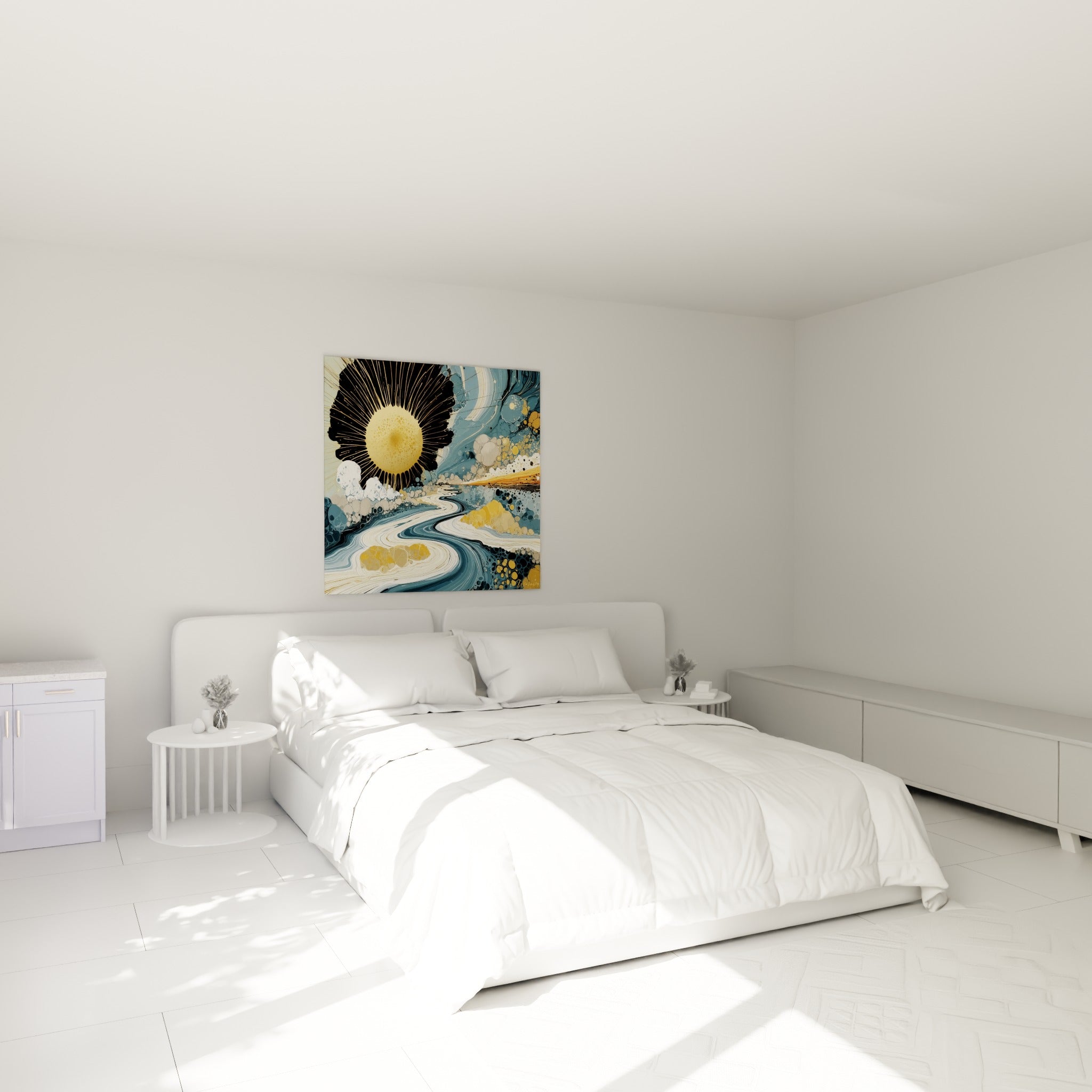 Disque doré et rivière anthracite sinueuse composant ce tableau au-dessus d'un lit dans une chambre claire