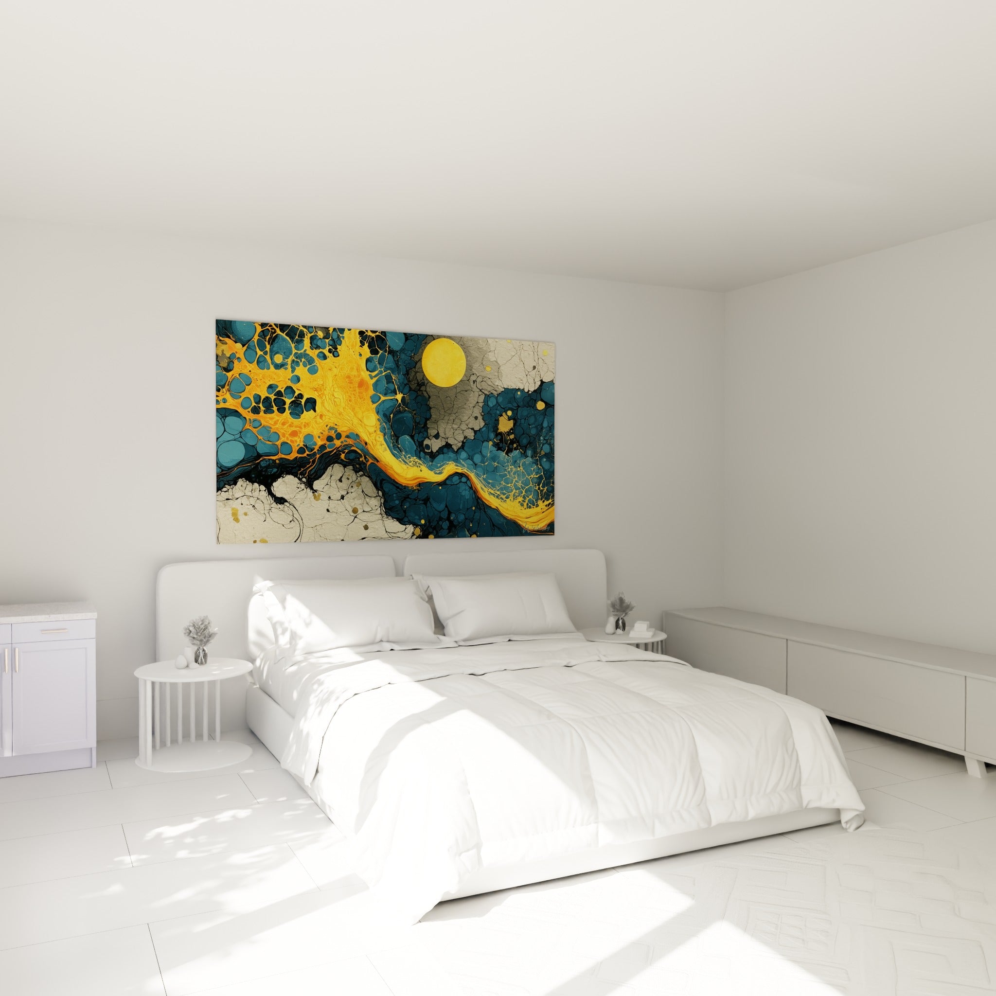 Disque jaune et rivière ambrée de ce tableau artistique abstrait au-dessus d'un lit dans une chambre claire
