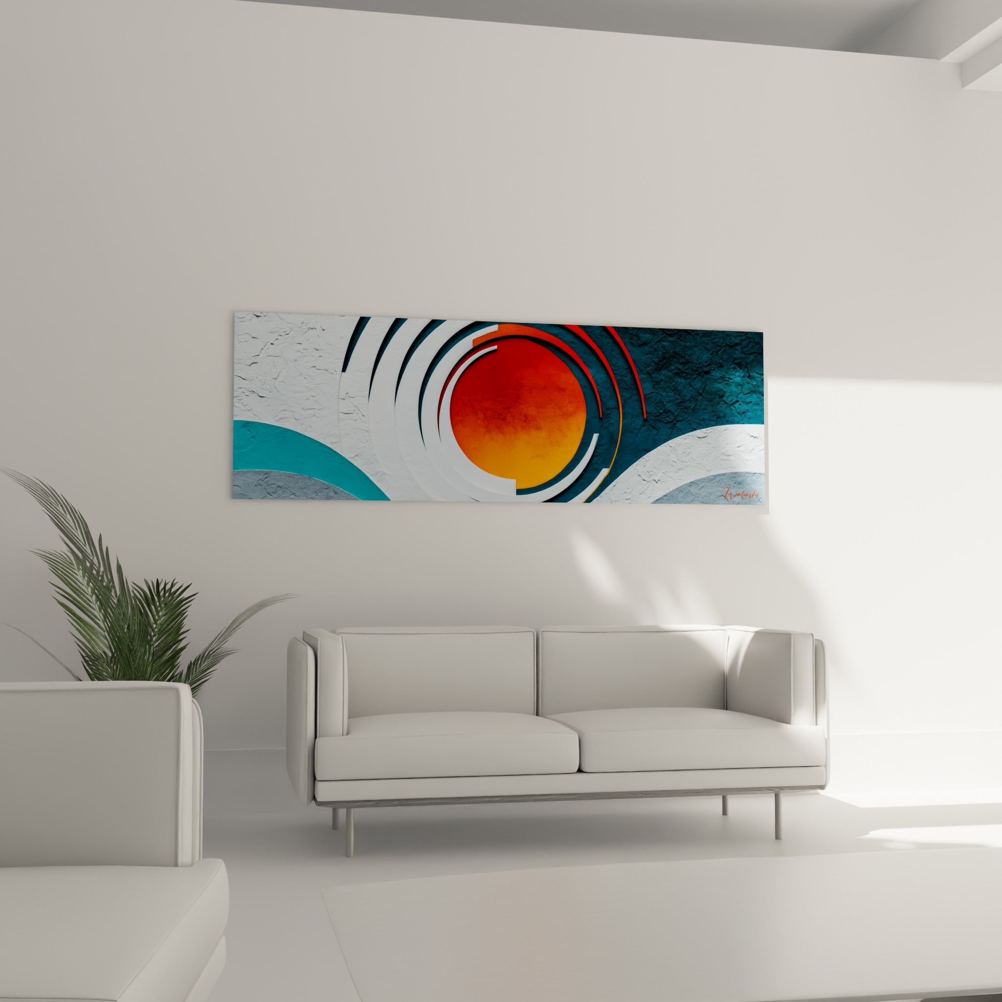 Cercles orange et bleu marine en mouvement, tableau abstrait au-dessus d'un canapé dans un salon lumineux