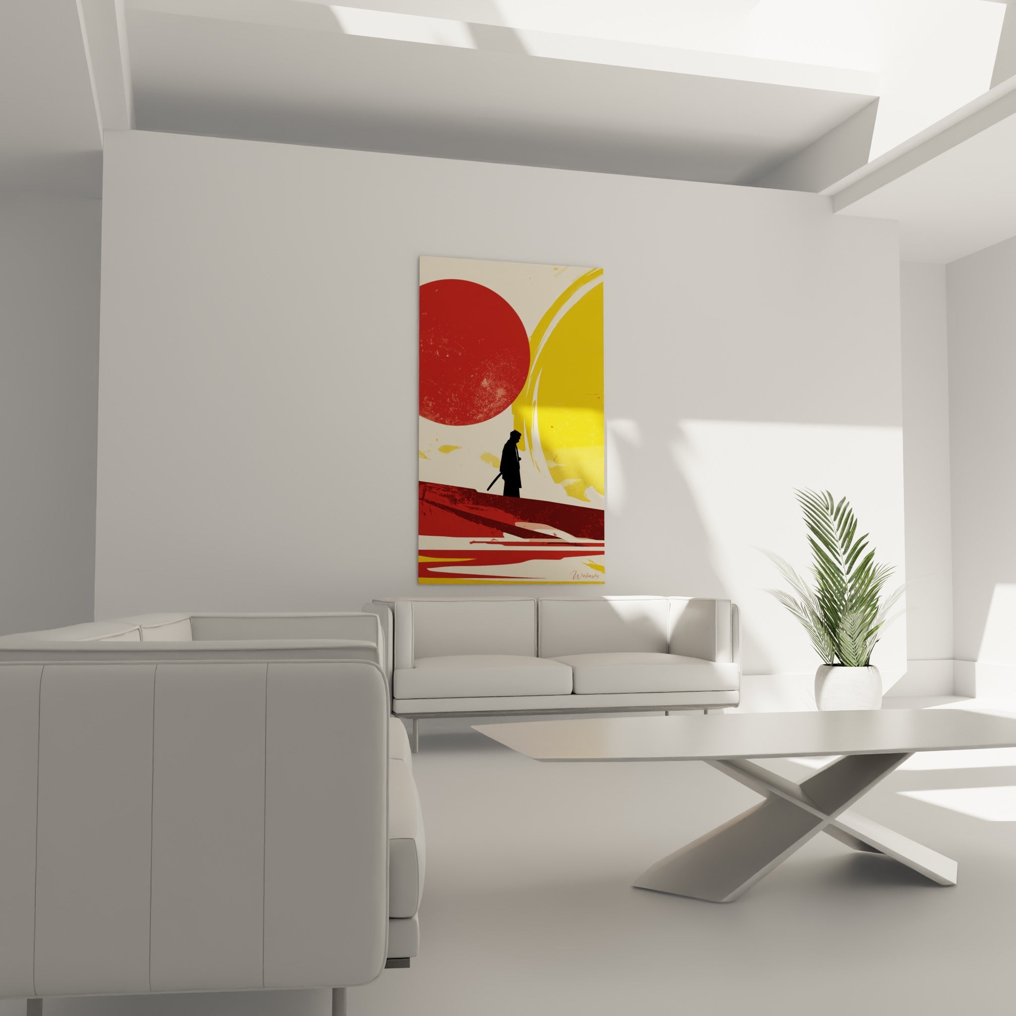 Silhouette armée face à un disque rouge terracotta, suspendue au-dessus d'un canapé dans un salon lumineux