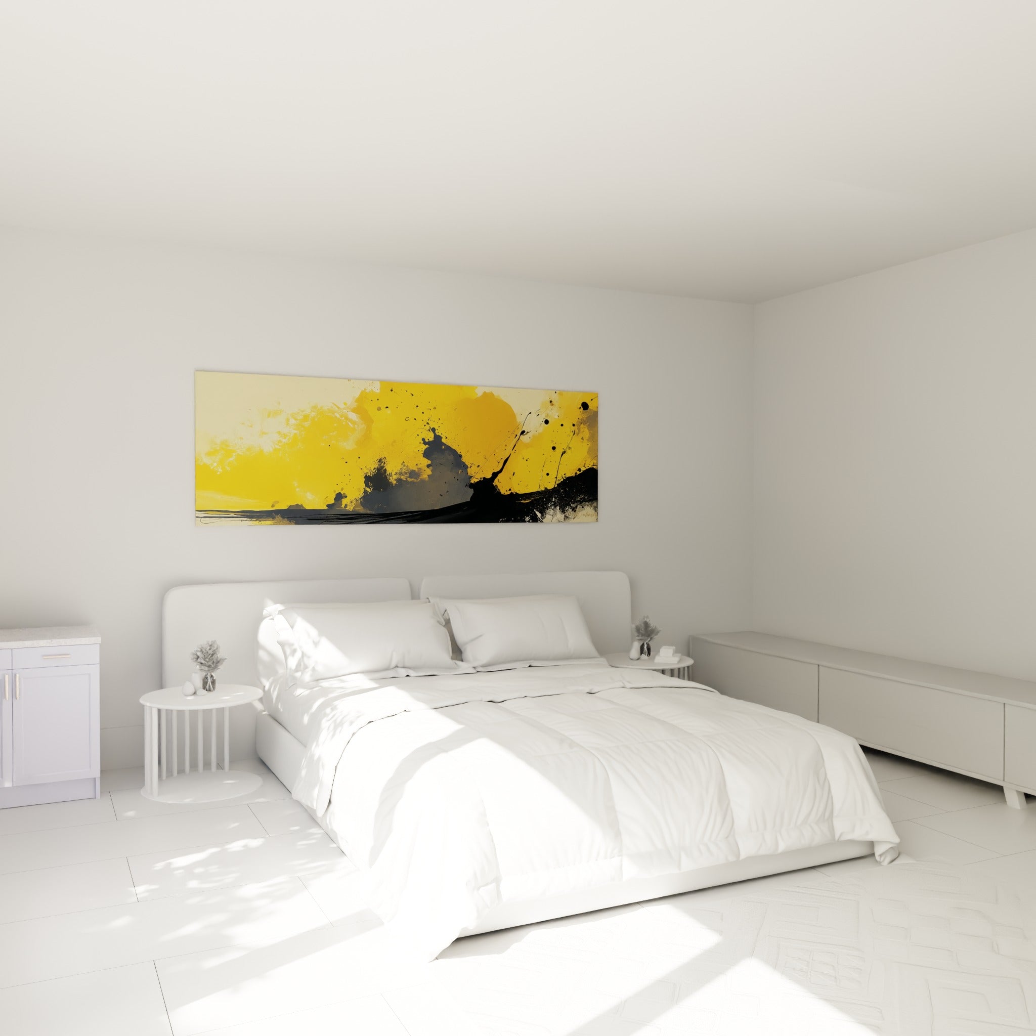 Coulures dorées et anthracite de ce tableau artistique abstrait, au-dessus d'un lit dans une chambre claire