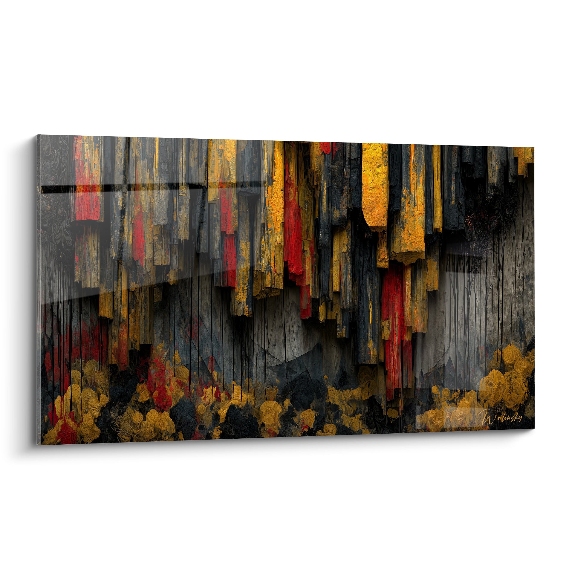 Tableau artistique abstrait aux lattes anthracite, coulures dorées et rouges verticales