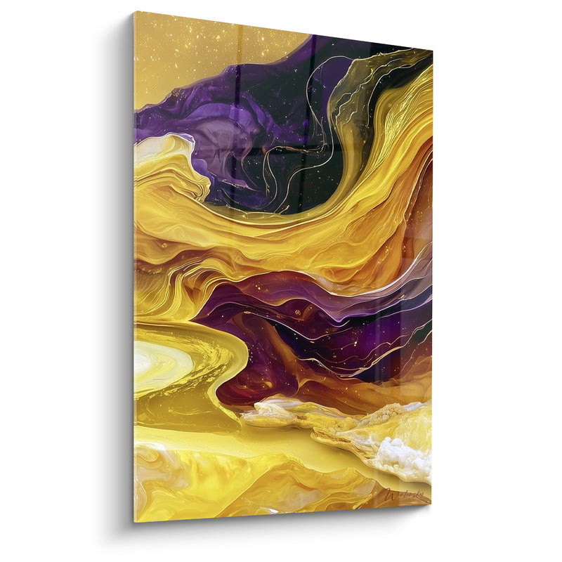 Tableau Rivière dorée et violette aux cristaux givrés - Amas cristallin blanc - Edition Artistique abstrait