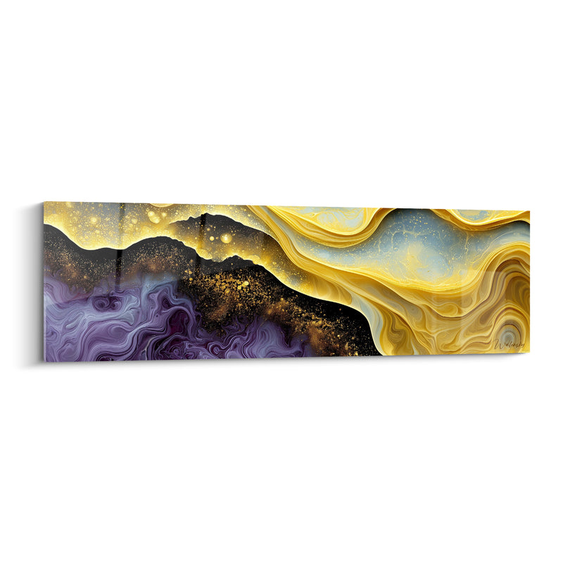 Tableau Marbrures dorées et violettes aux volutes minérales - Poussière d'or scintillante - Edition Artistique abstrait