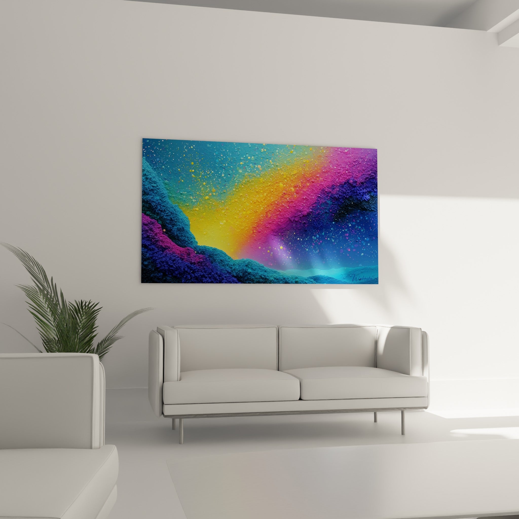 Éclat doré et violet en relief au-dessus d'un canapé dans un salon lumineux