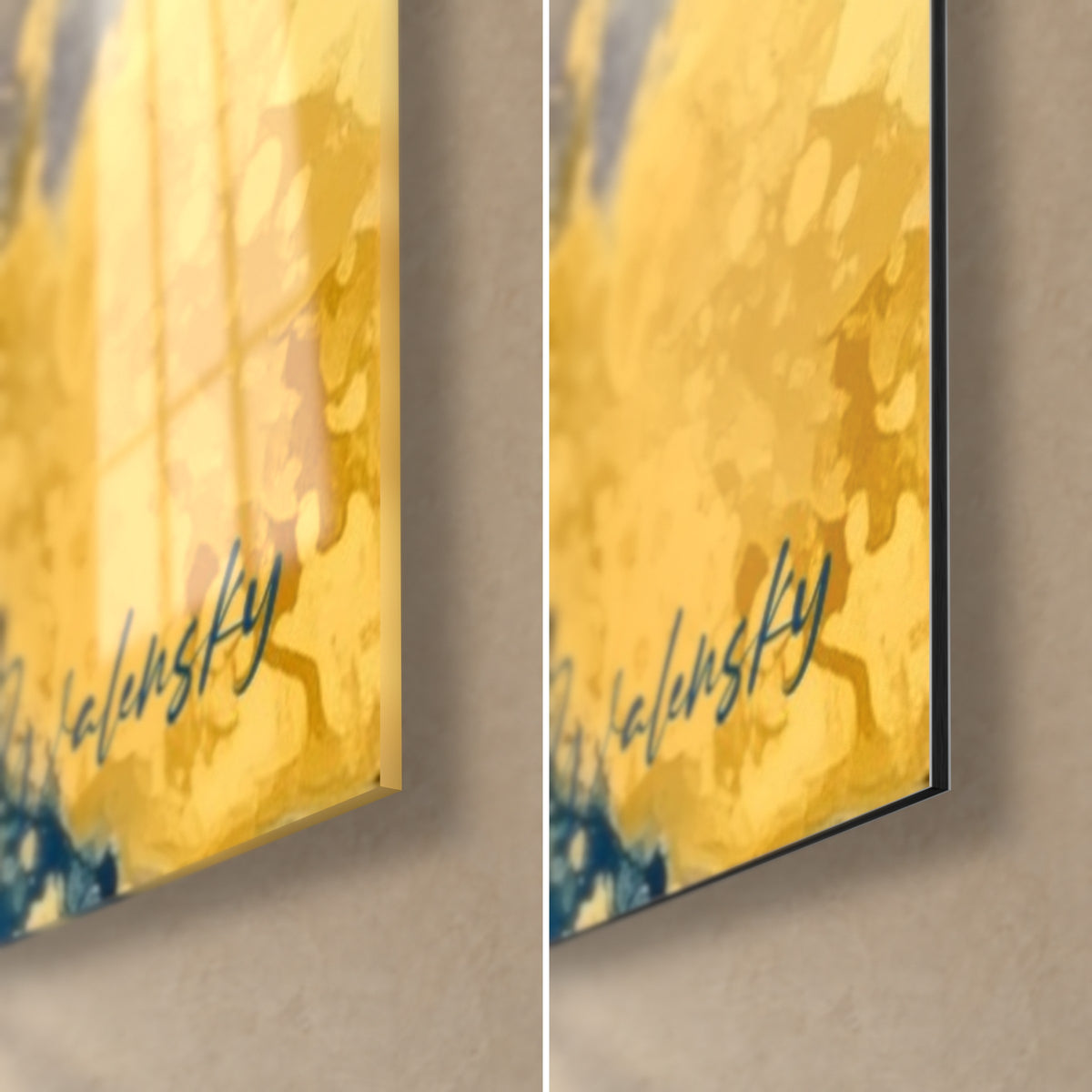 Schilderij massief abstract goudkleurig werk, glanzende glashoek rechtsonder links en mat Dibond-aluminium rechts, 3 mm dik, blauwe handtekening