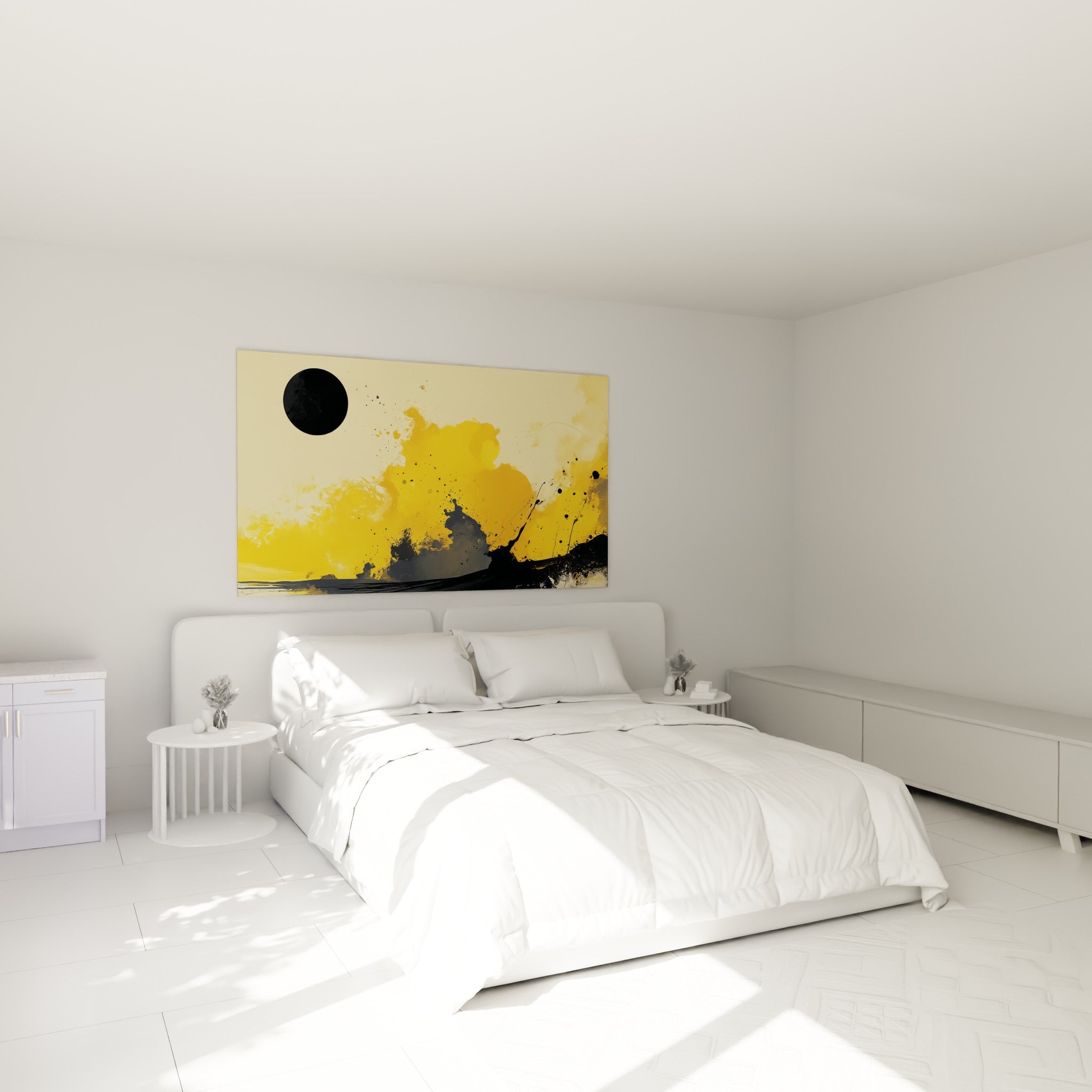Éclaboussures jaune ocre et cercle anthracite accrochées au-dessus d'un lit dans une chambre claire