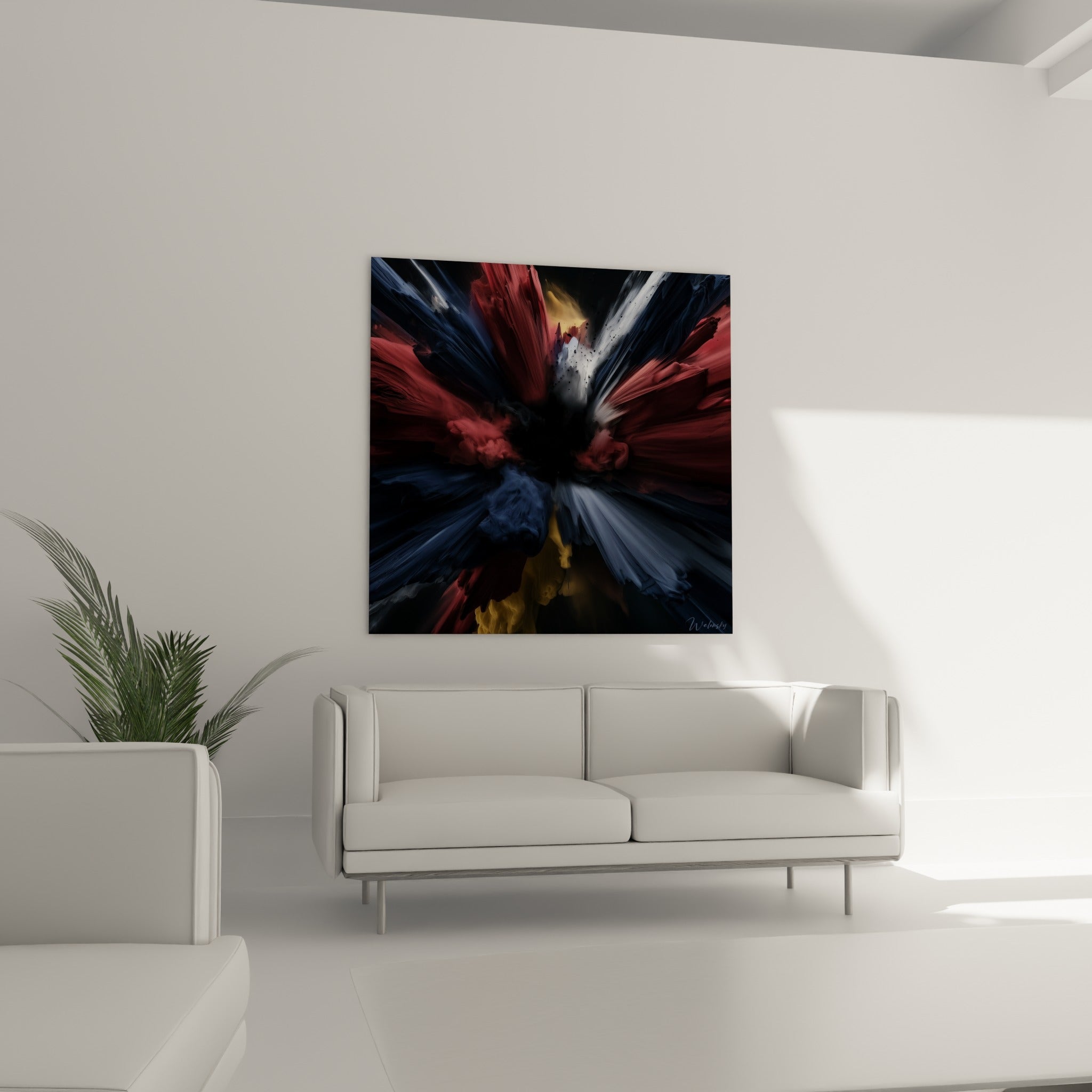Éclats terracotta et bleu nuit d'une composition abstraite au-dessus d'un canapé dans un salon lumineux
